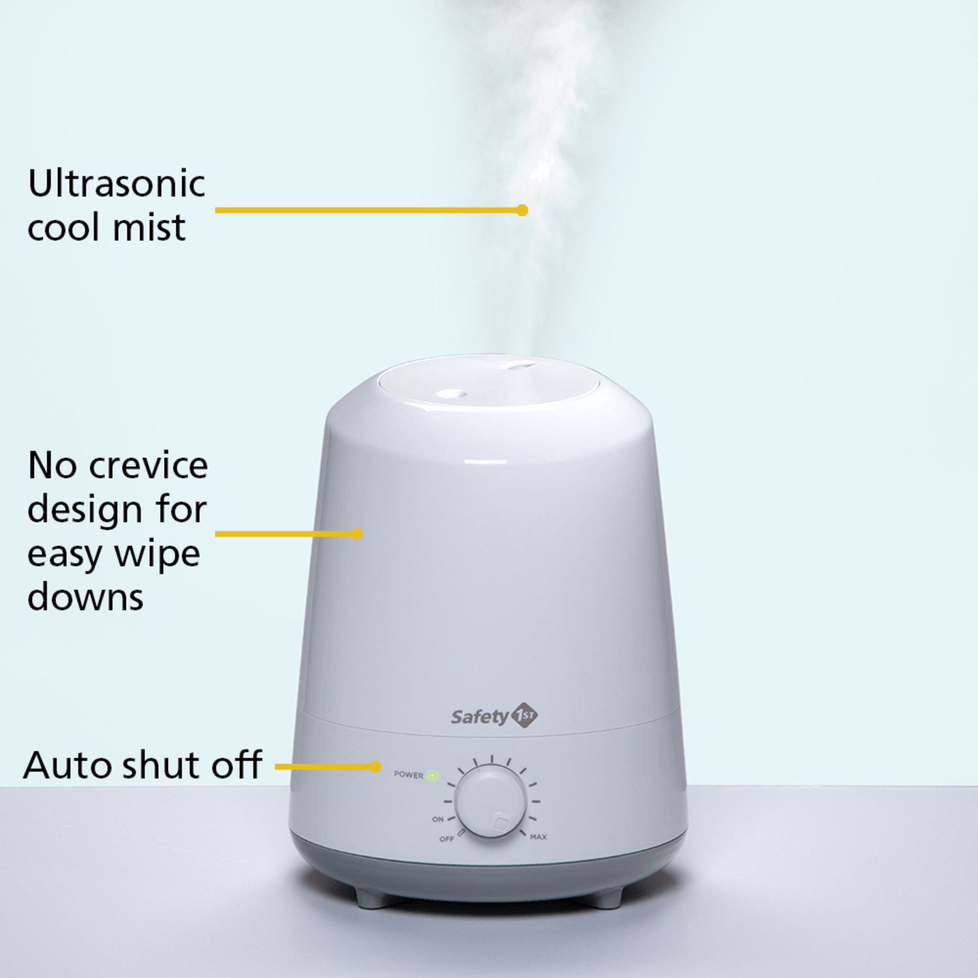 Product in use showing Ultrasonic cool mist, no crevice design for easy wipe downs and auto shut off