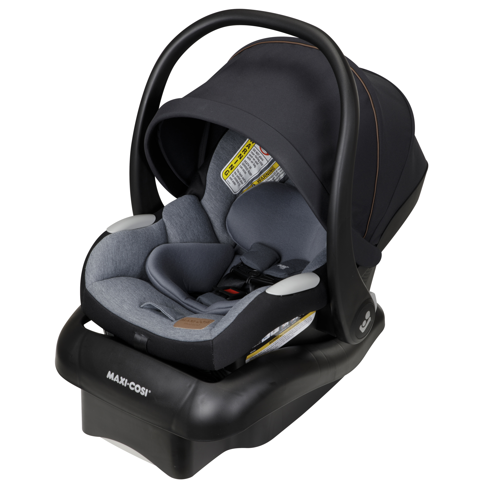 Mico™ Luxe Infant Car Seat - infographic: vegan leather grip; contoured, ergonomic handle; side impact protection; large, visible belt guides; removable infant inserts; PureCosi fabrics; ClimaFlow technology