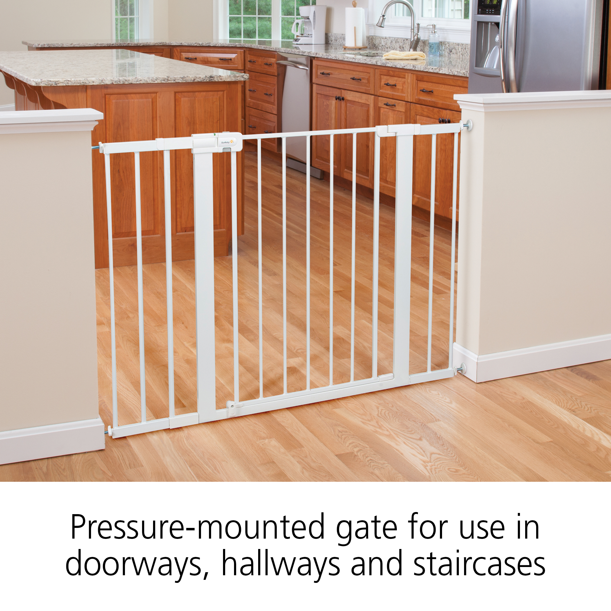 Pressure-mounted gate for use in doorways, hallways and staircases