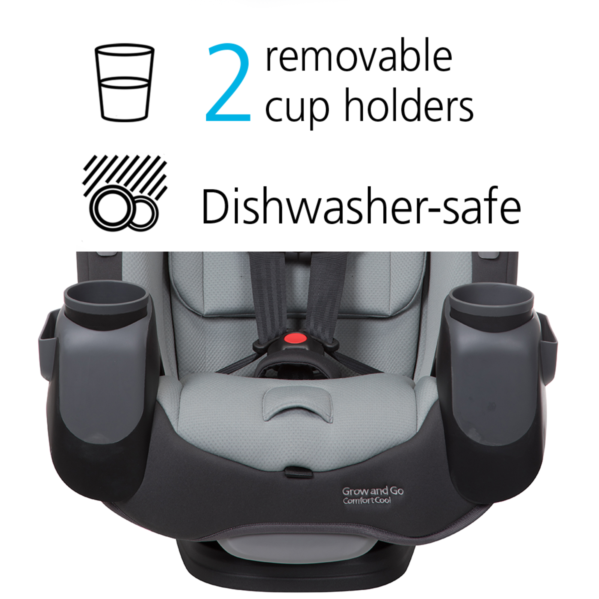 Car seat with two removable cup holders and dishwasher safe.