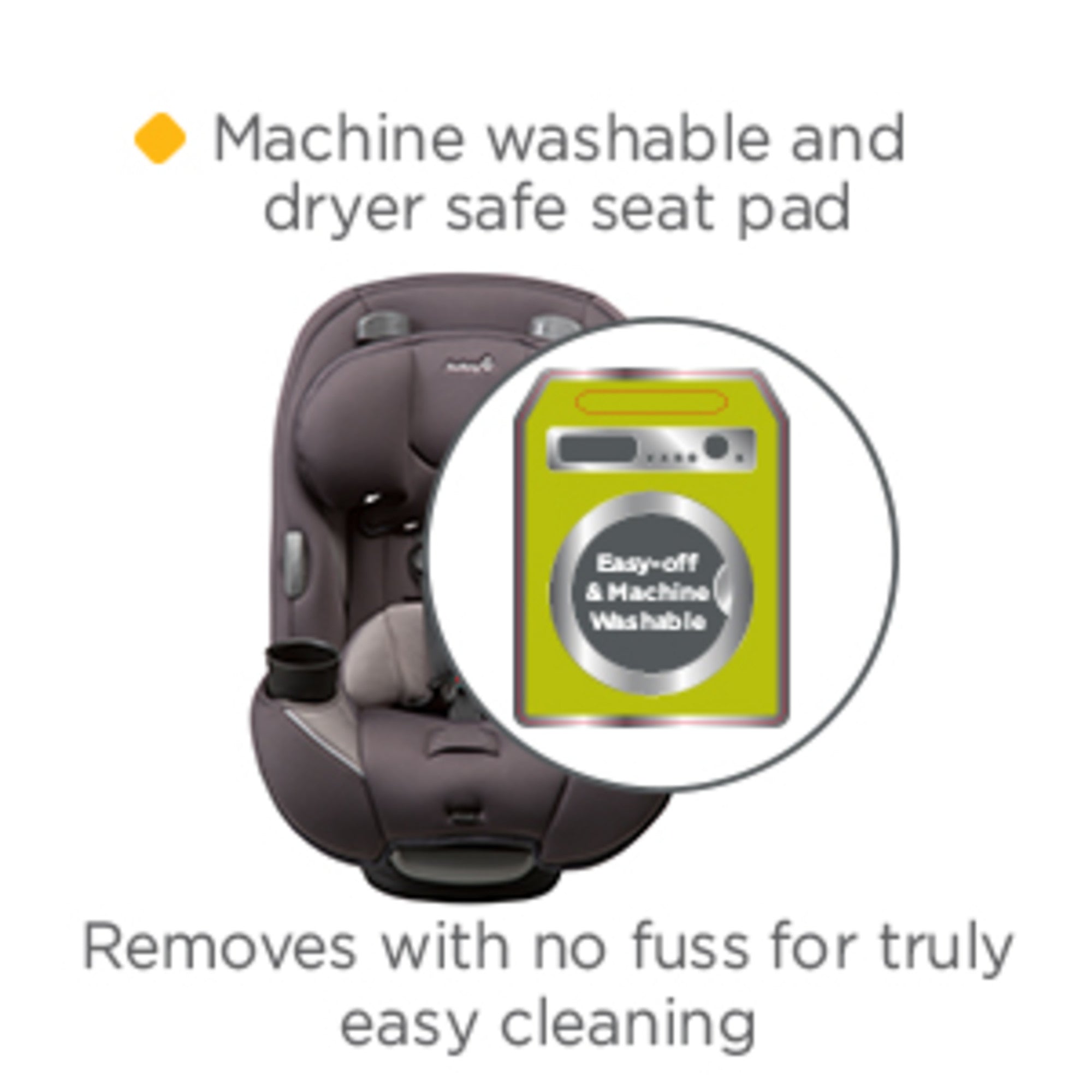 Car seat with machine washable and dryer safe seat pad. Removes with no fuss for truly easy cleaning.
