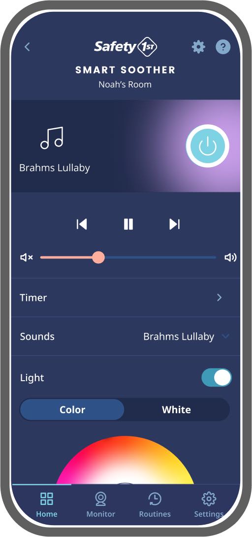 Connected Nursery app showing options for Smart Soother