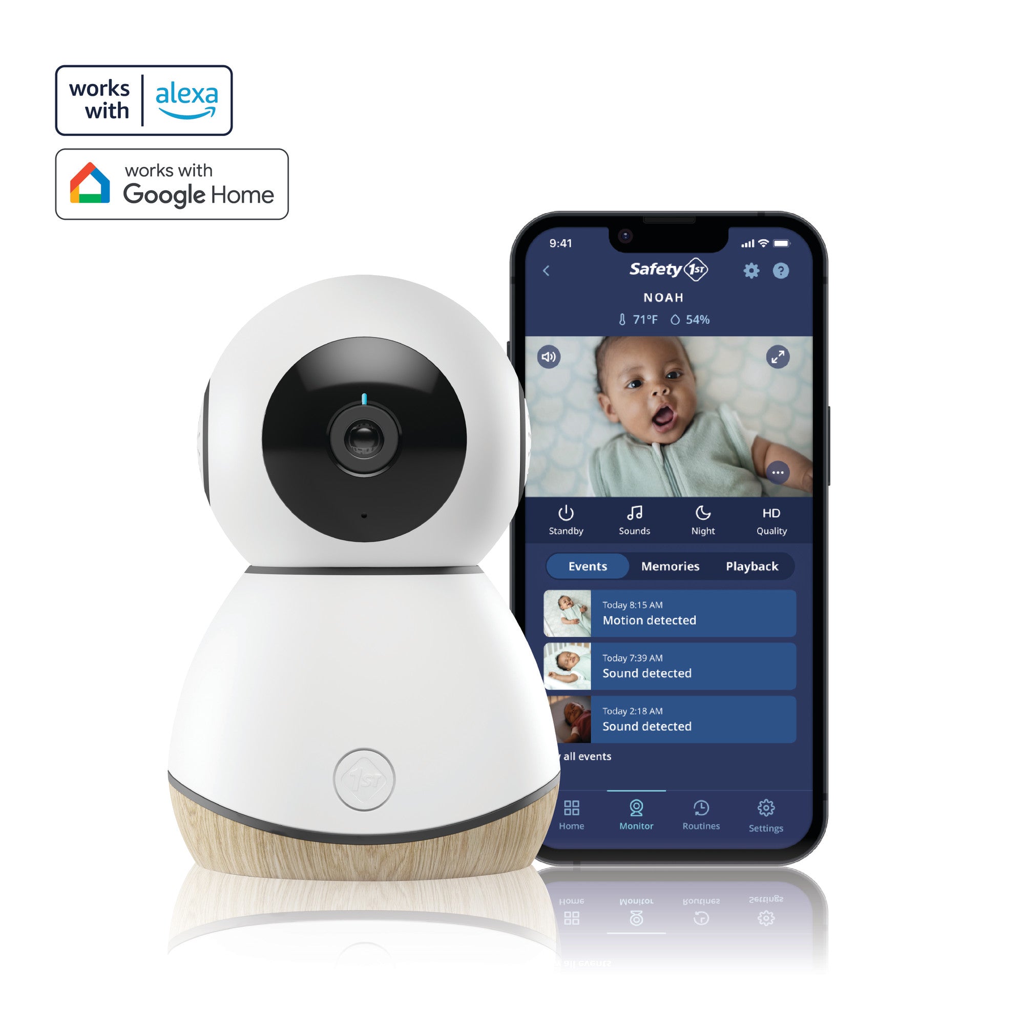 360° Smart Baby Monitor - lullabies and white noise, sound, motion, and cry detection, ultra-clear night vision, 360 degree field of view and 45 degree tilt, 1080p HD video, temperature and humidity sensors, two-way talk