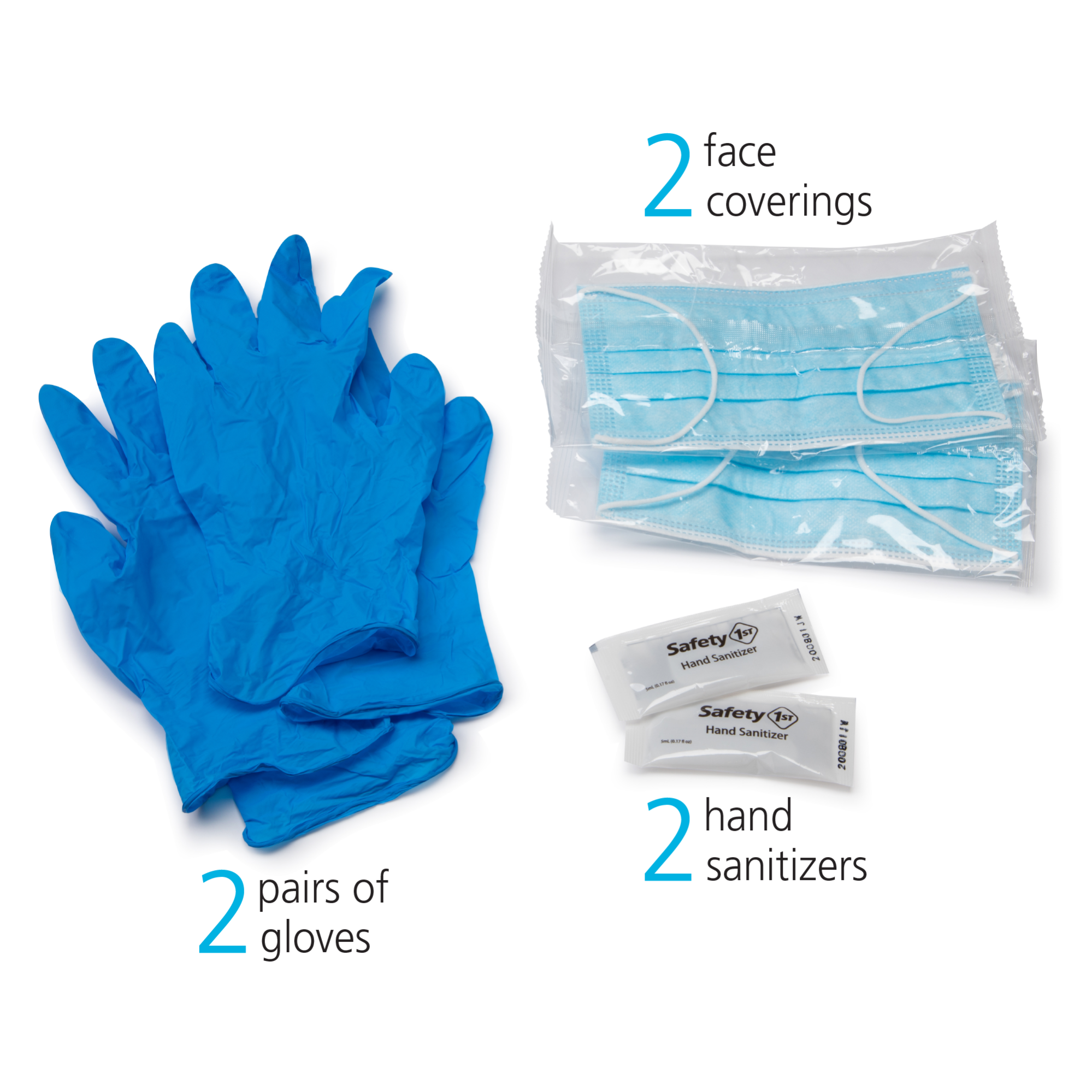 2 Pairs of gloves, 2 hand sanitizers and 2 face coverings