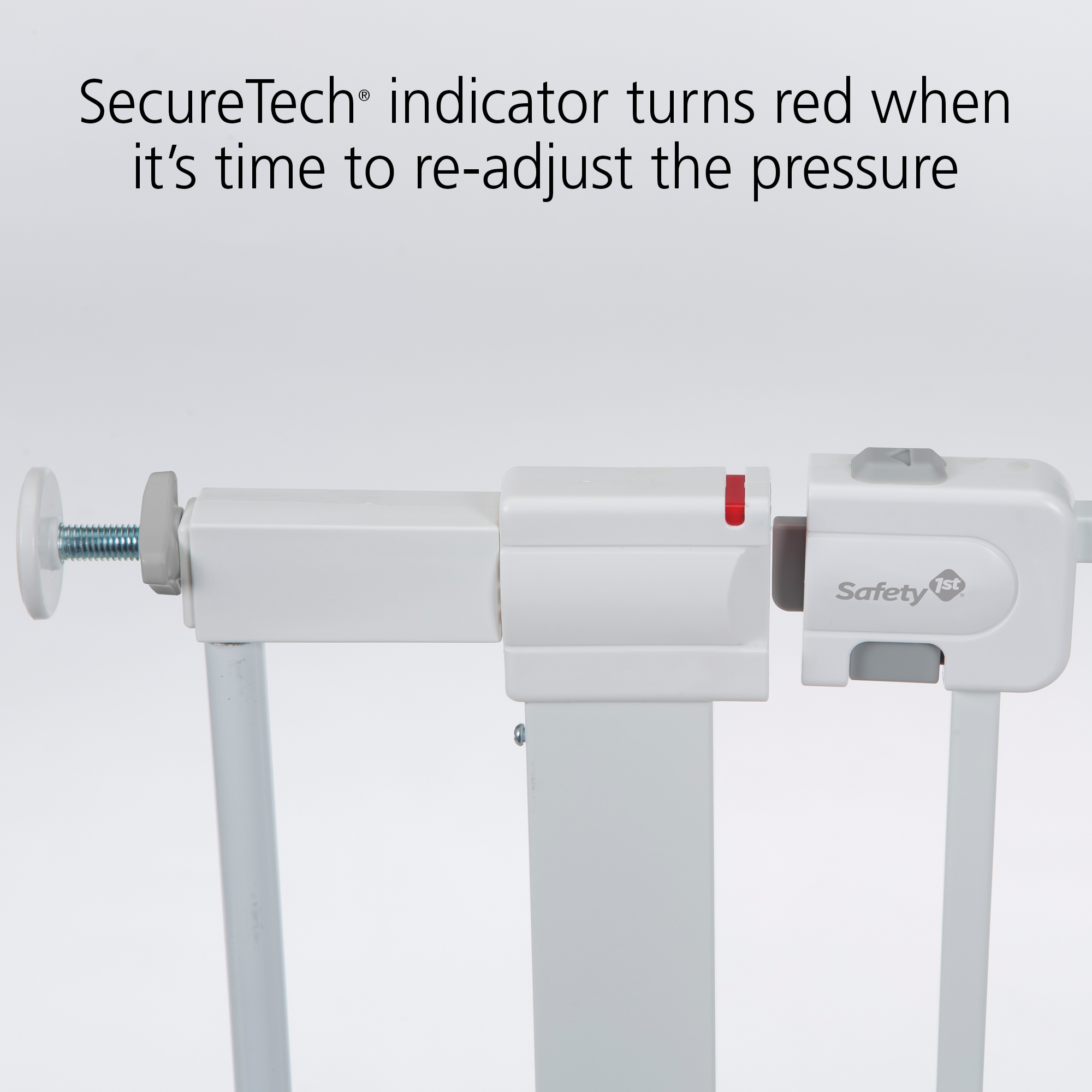 Baby gate with SecureTech indicator that turns red when it's time to re-adjust the pressure.