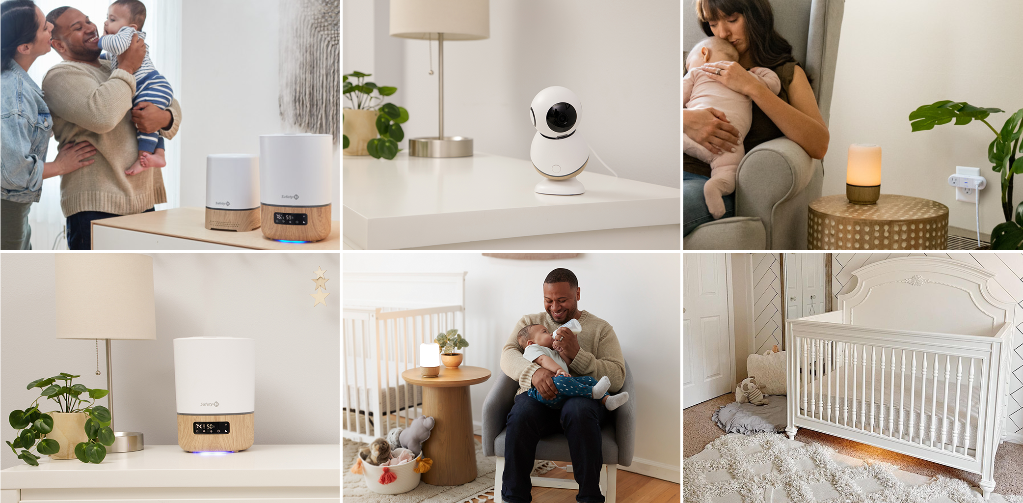 Collage showing 6 images of different Connected Nursery Products with father, mother, and baby