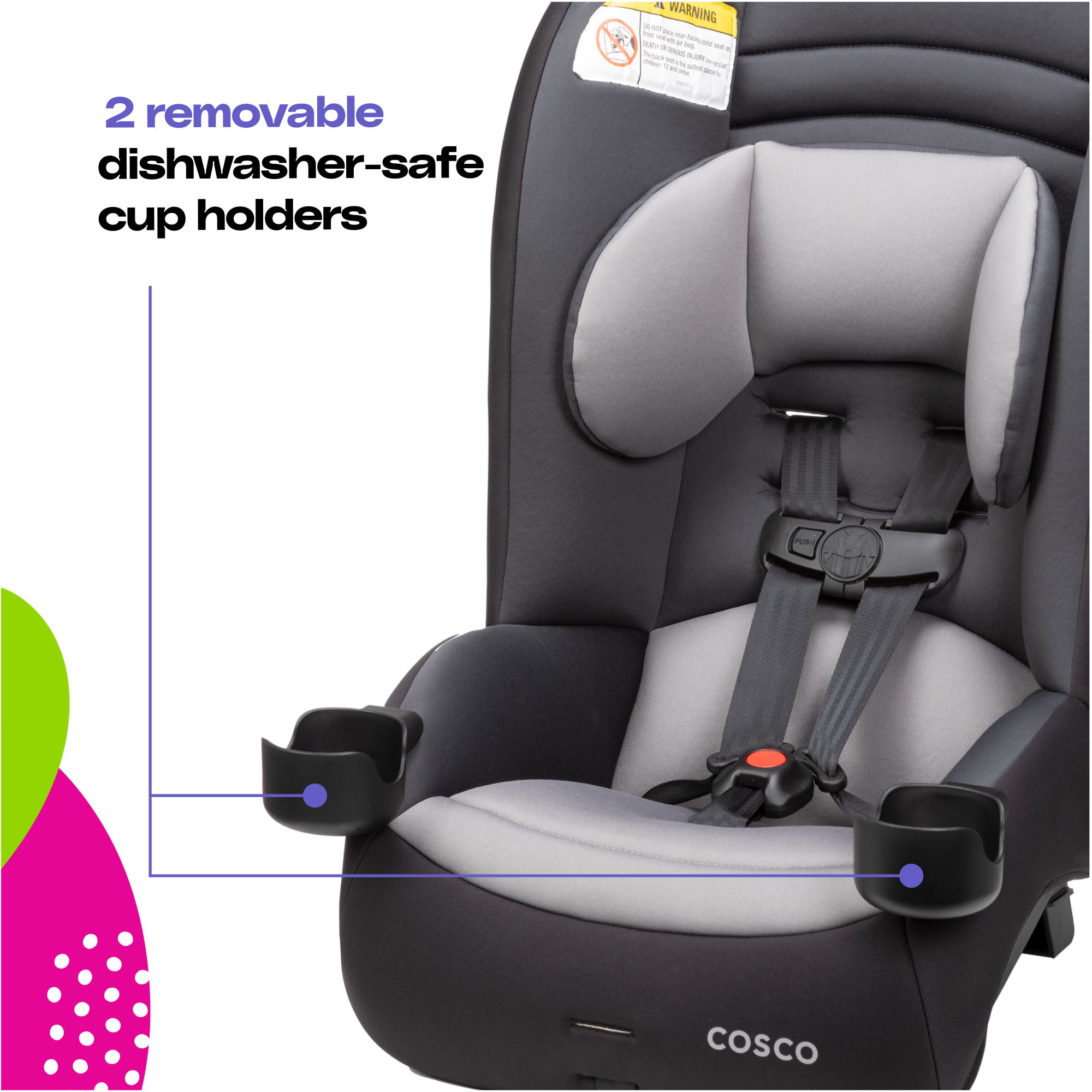 Cosco MightyFit LX Convertible Car Seat - 2 removable dishwasher-safe cup holders