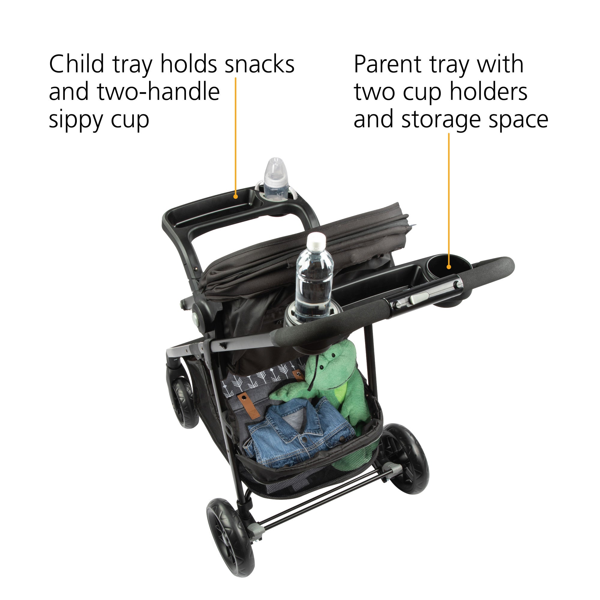 Grow and Go™ Flex 8-in-1 Travel System - child tray holds snacks and two-handle sippy cup, parent tray with two cup holders and storage space