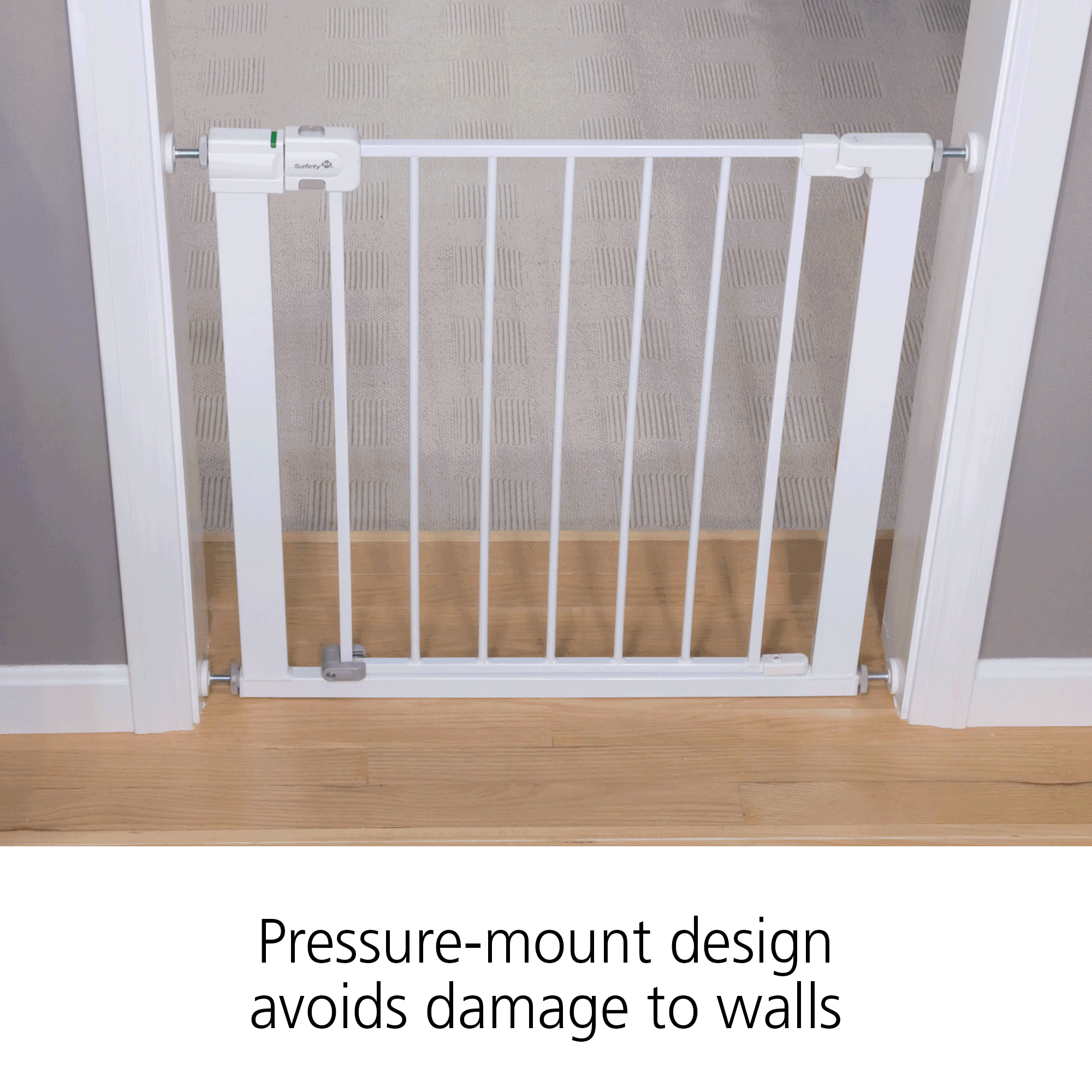Pressure-mount design avoids damage to walls.