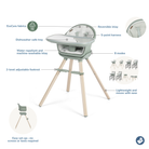 Moa 8-in-1 High Chair - Classic Green infographic: EcoCare fabrics, 5-point harness, dishwasher-safe tray, water-repellant and machine-washable inlay, 8 modes, 2-level adjustable footrest, lightweight and moves with ease, easy set-up-no screws or tools required