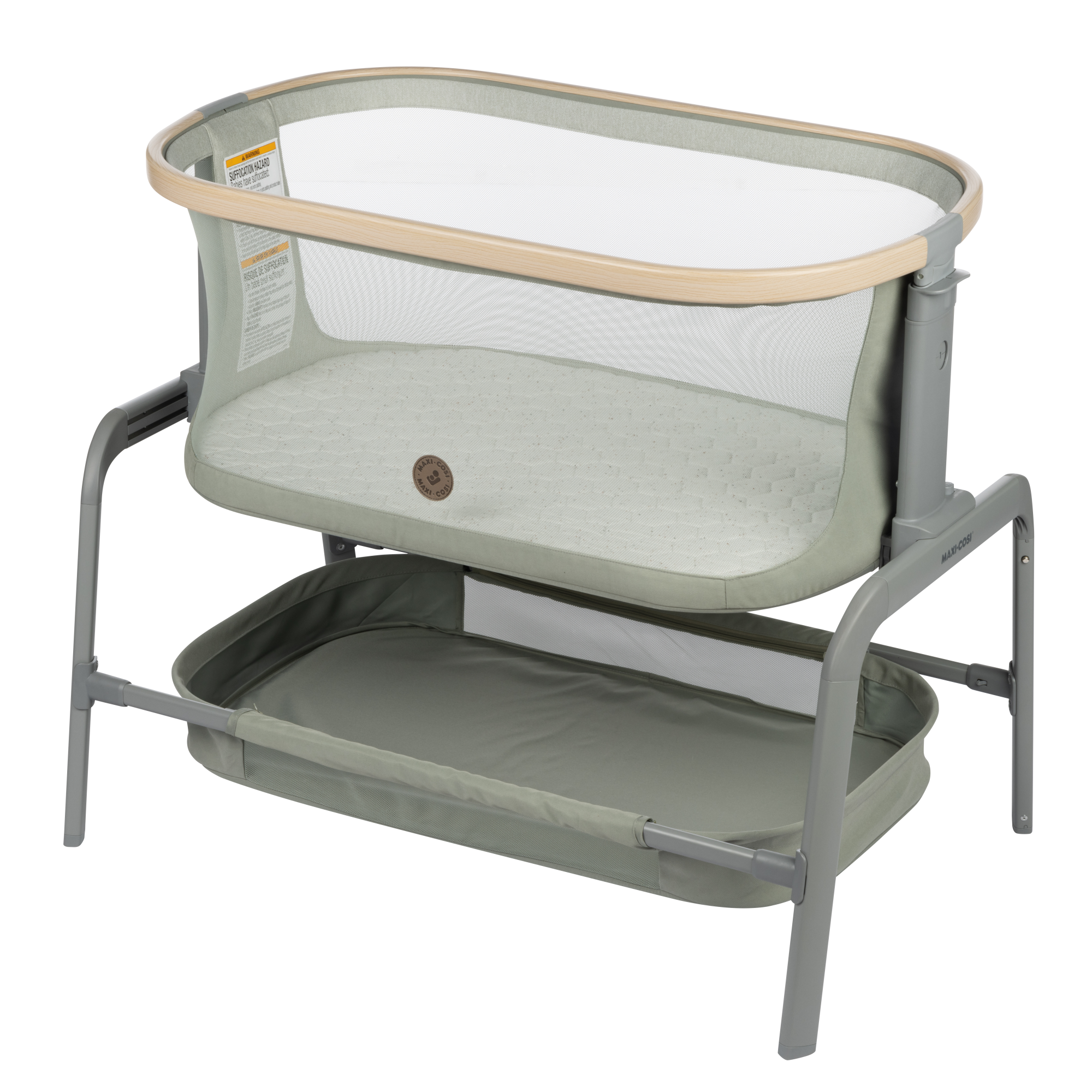 Iora Bedside Bassinet - Classic Green infographic: 4 height positions, breathable mesh sides, comfortable mattress, EcoCare fabrics, 3 slide positions, large storage basket, folds flat, includes travel bag