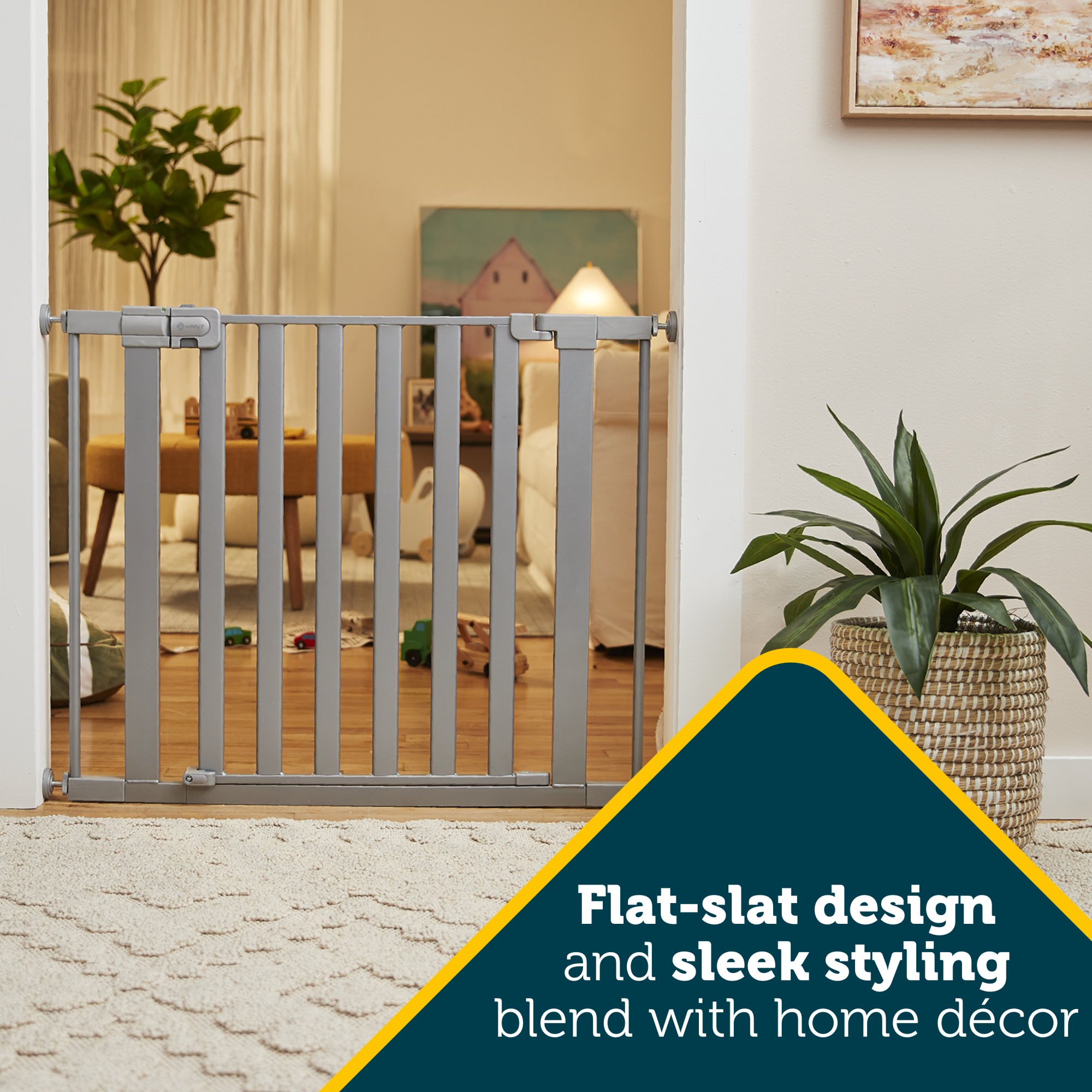 Modern Easy-Install Gate - flat-slat design and sleek styling blend with home decor
