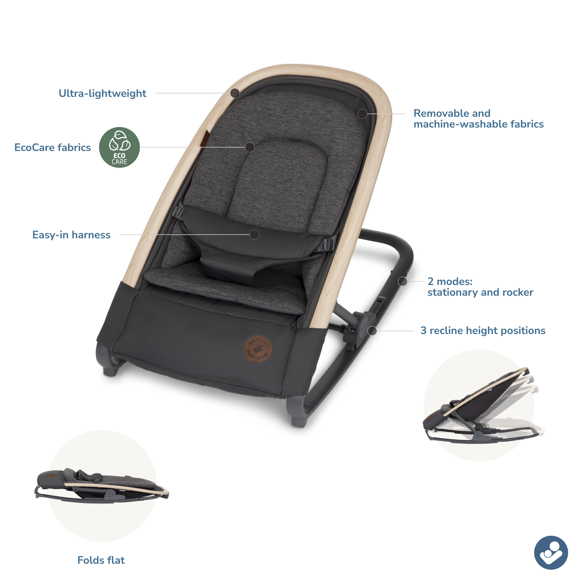 Kori Rocker - Classic Graphite infographic: ultra-lightweight, removable and machine-washable fabrics, EcoCare fabrics, easy-in harness, 2 modes: stationary and rocker, 3 recline height positions, folds flat