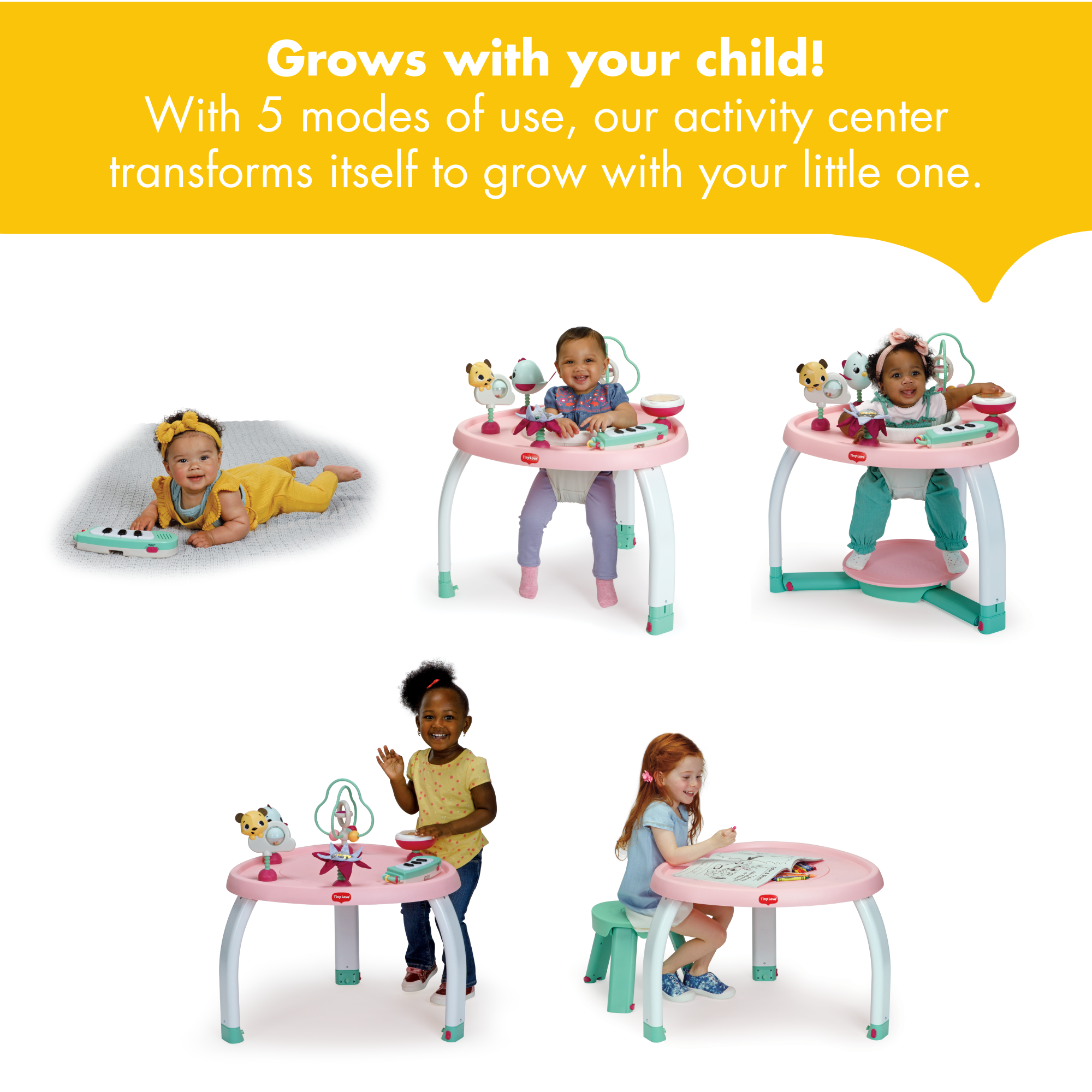 Tiny Love 5-in-1 Here I Grow Stationary Activity Center - grows with your child! With 5 modes of use, our activity center transforms itself to grow with your little one