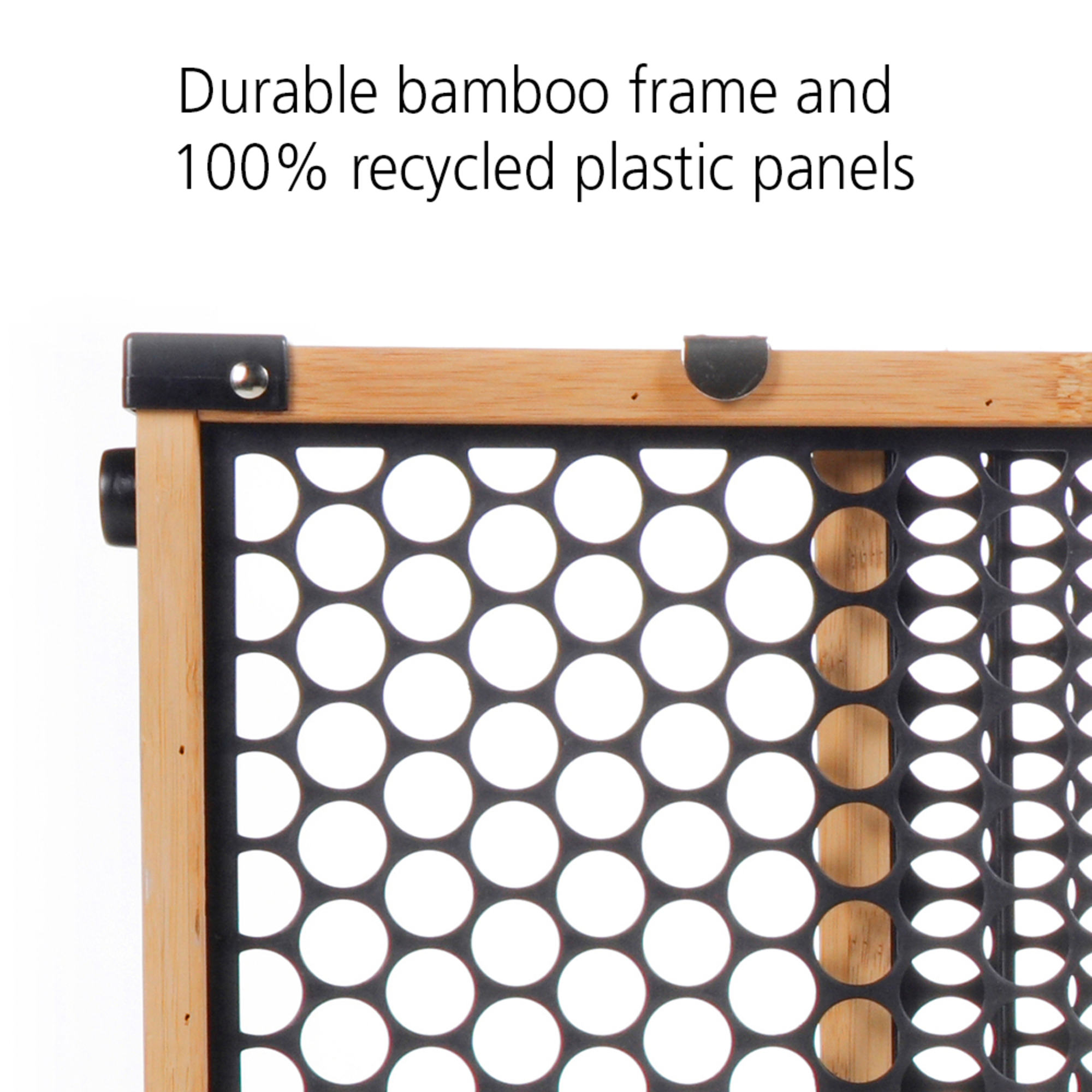 Durable bamboo frame and 100% recycled plastic panels.