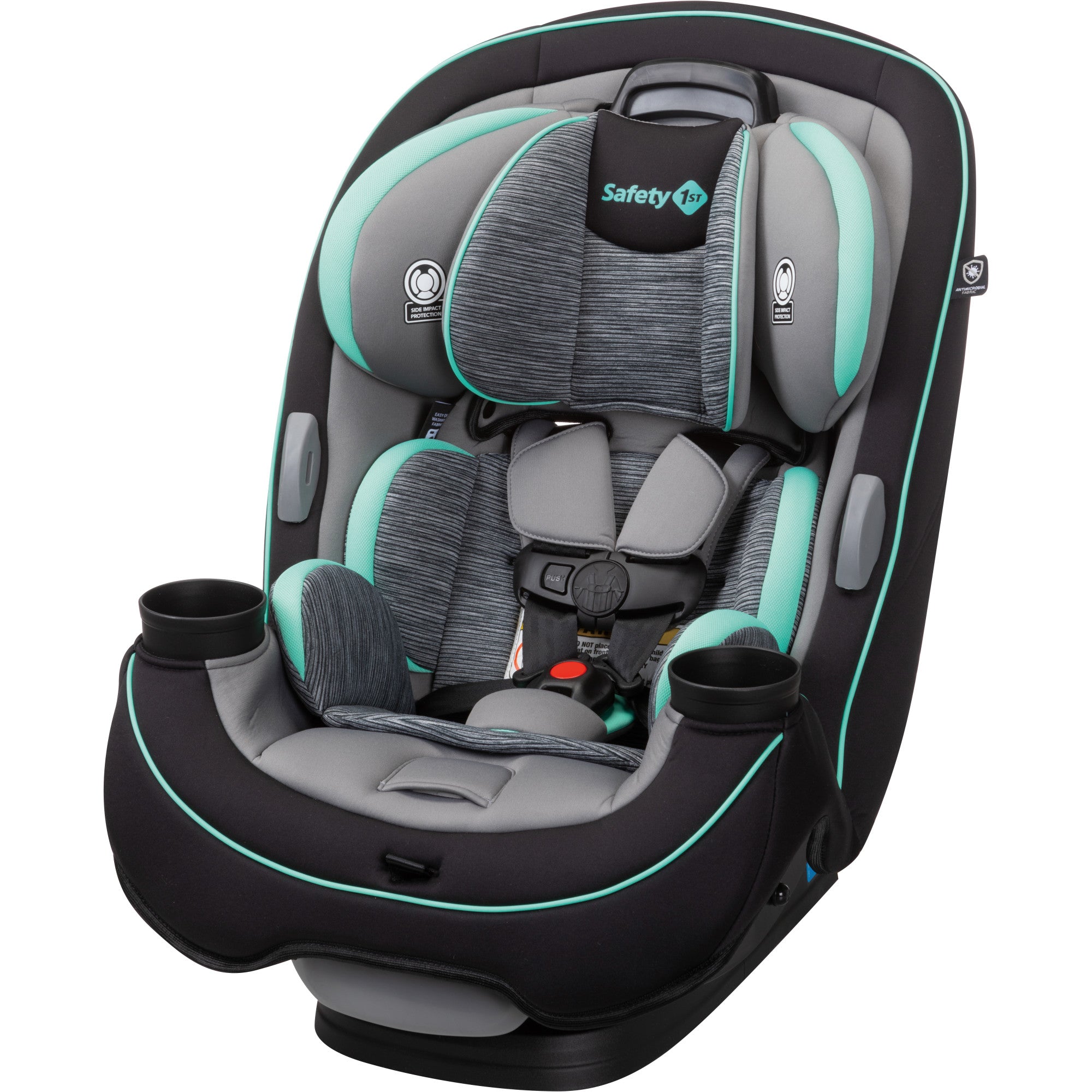 Safety 1st car seat in grey and black with turquoise trim