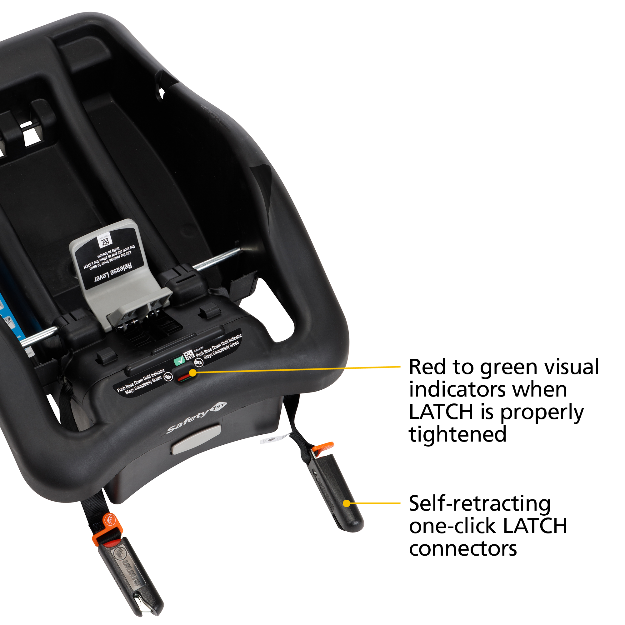 onBoard™35 SecureTech™ Infant Car Seat - red to green visual indicators when LATCH is properly tightened - self-retracting one-click LATCH connectors