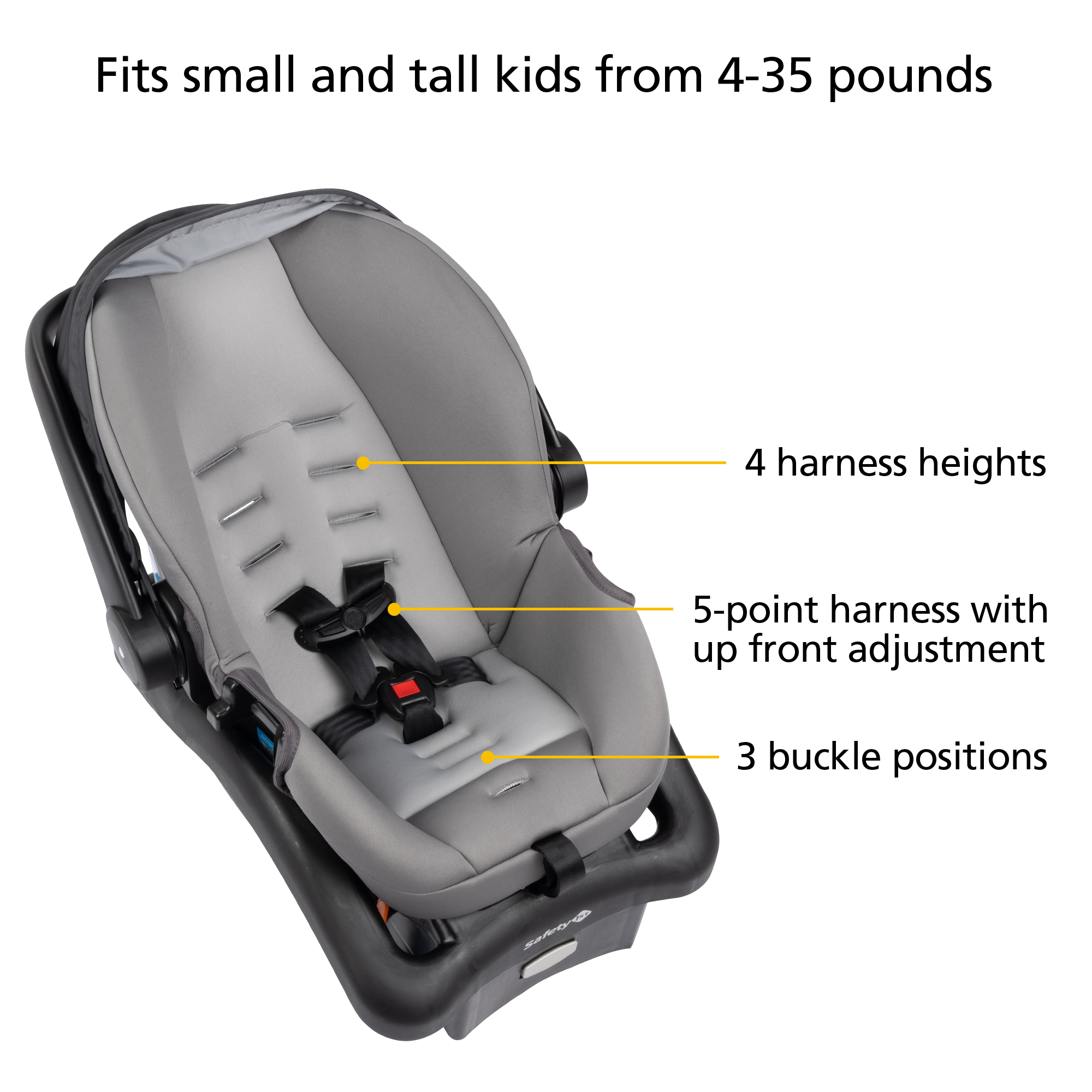 onBoard™35 SecureTech™ Infant Car Seat - fits small and tall kids from 4-35 pounds - 4 harness heights - 5-point harness with up front adjustment - 3 buckle positions