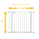 Safety gate is adjustable from 29 inches to 38 inches wide and is 28 inches high