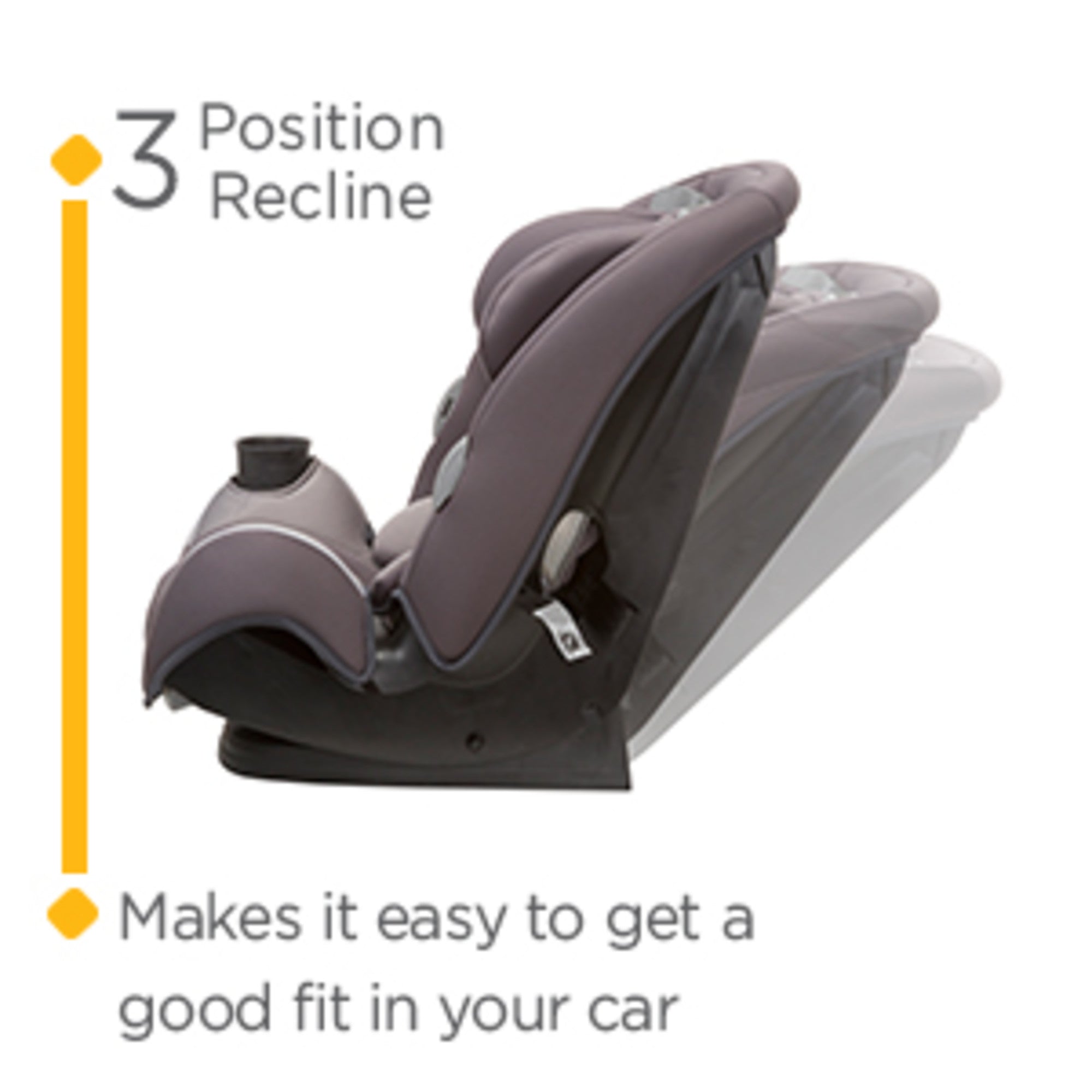 Car seat with 3 position recline. Makes it easy to get a good fit in your car.