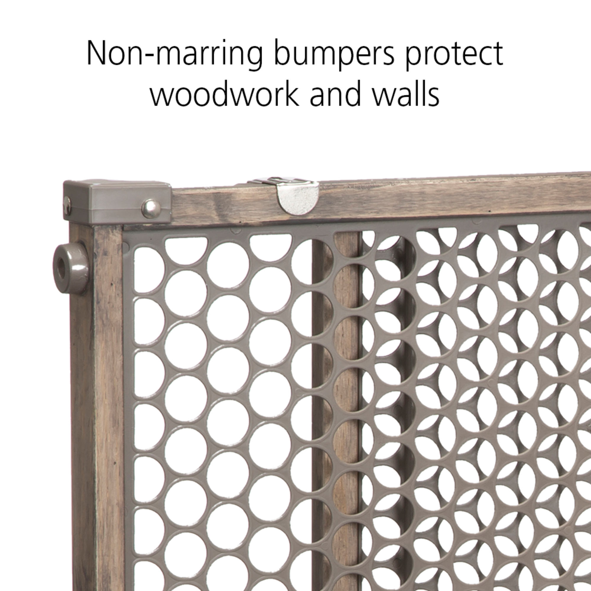 Baby gate with non-marring bumper protect for woodwork and walls.