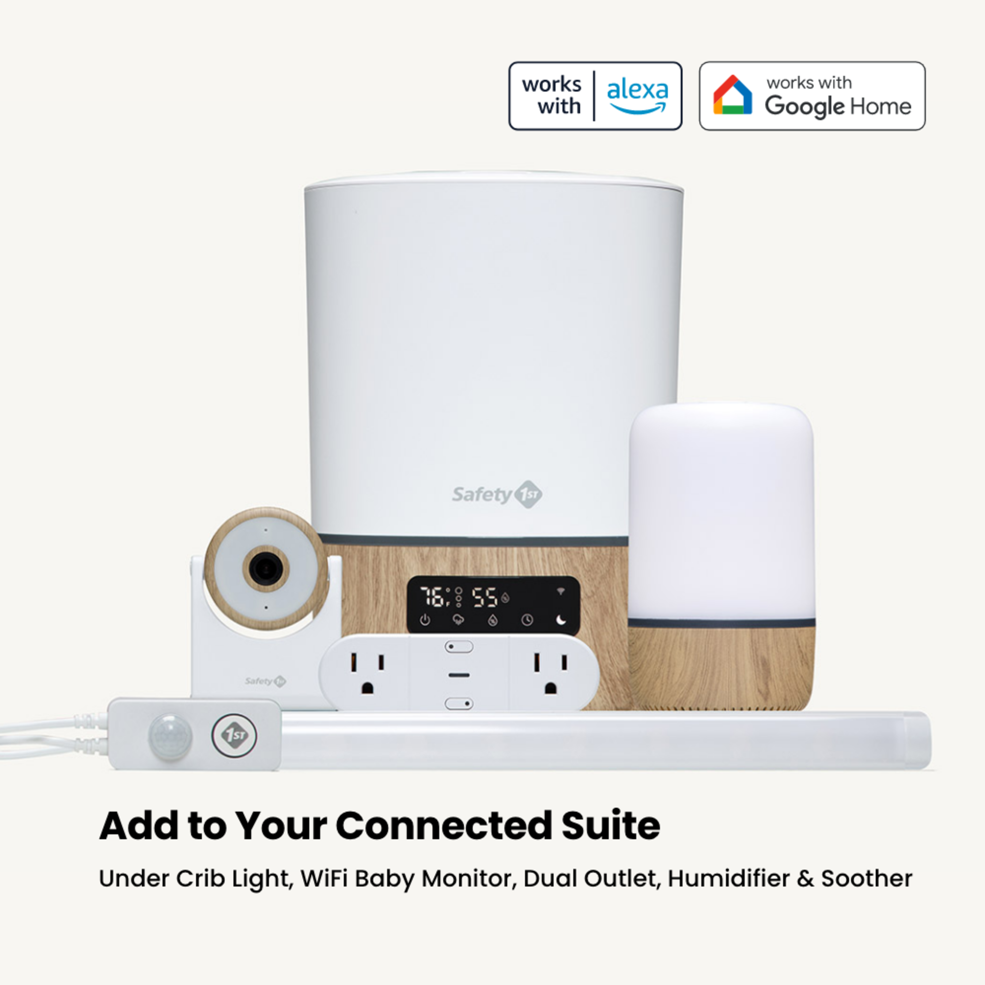 Shows suite of Connected Nursery products - Add to Your Connected Suite - Soother, Under Crib Light, Dual Outlet, Humidifier & WiFi Baby Monitor