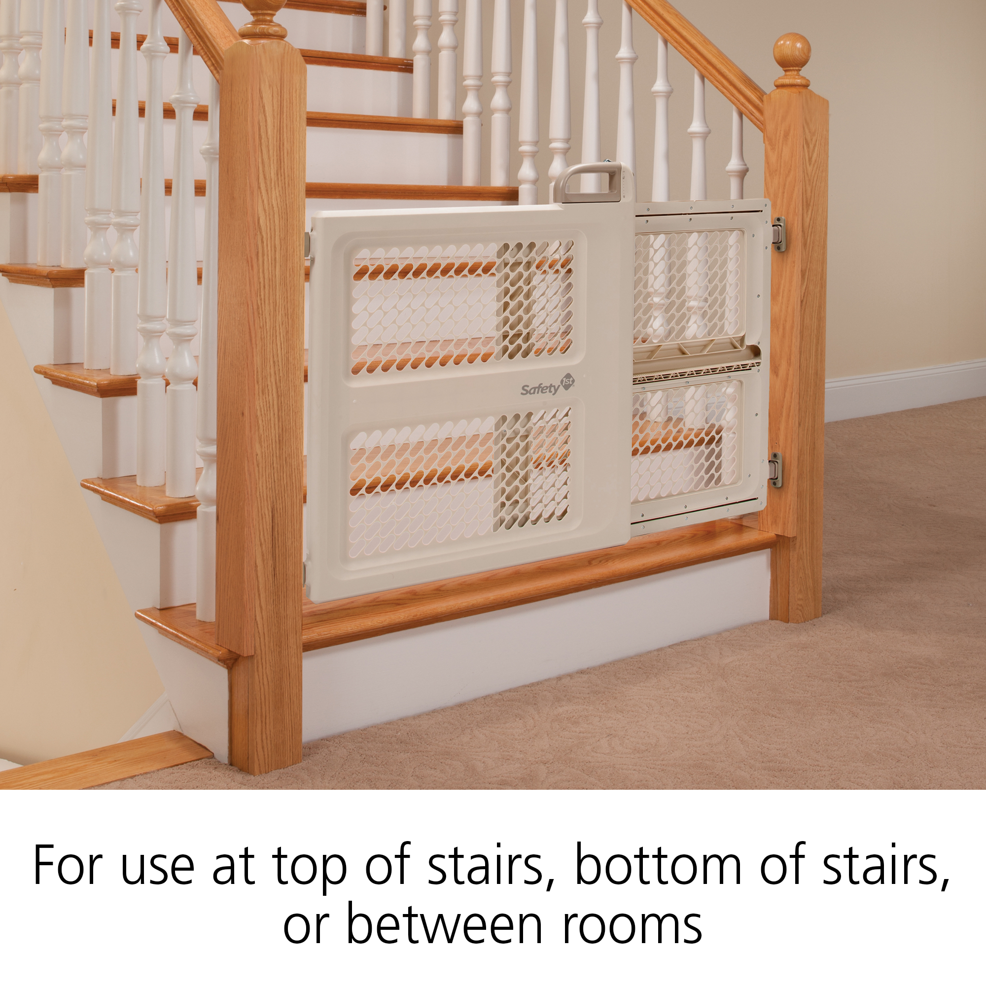 For use at top of stairs, bottom of stairs or between rooms.  Safety gate is shown properly installed at the bottom of the stairs in a home.