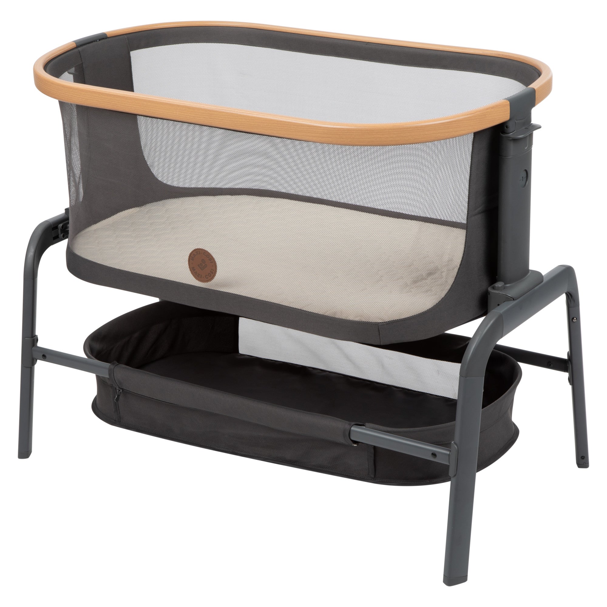 Iora Bedside Bassinet - Classic Oat - EcoCare - 45 degree angle view of left side