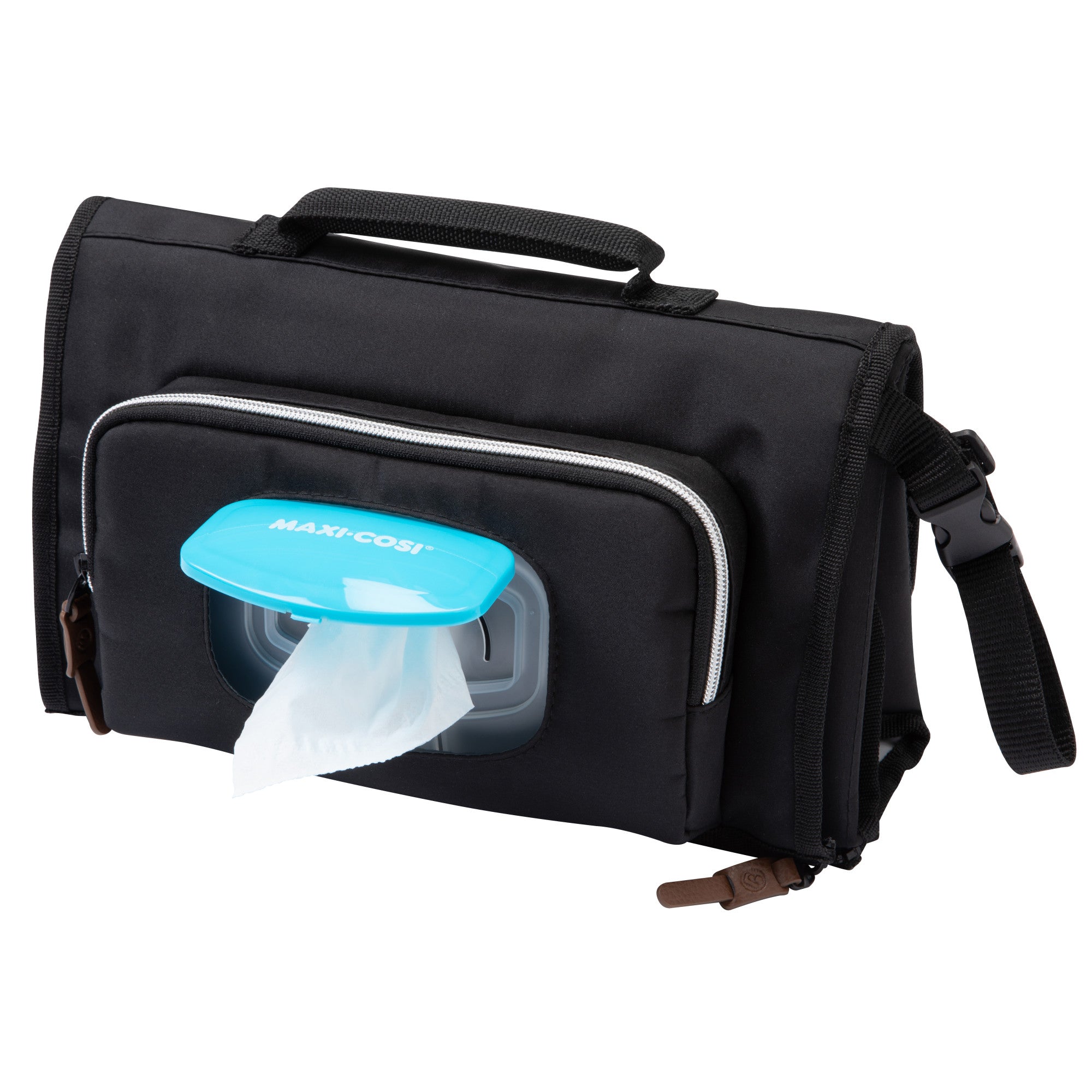 Black bag with zippered front pouch and clear opening for easy access to baby wipes