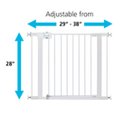 Gate is adjustable from 29 inches to 38 inches wide and is 28 inches high