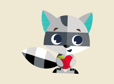Raccoon cartoon character carrying apple
