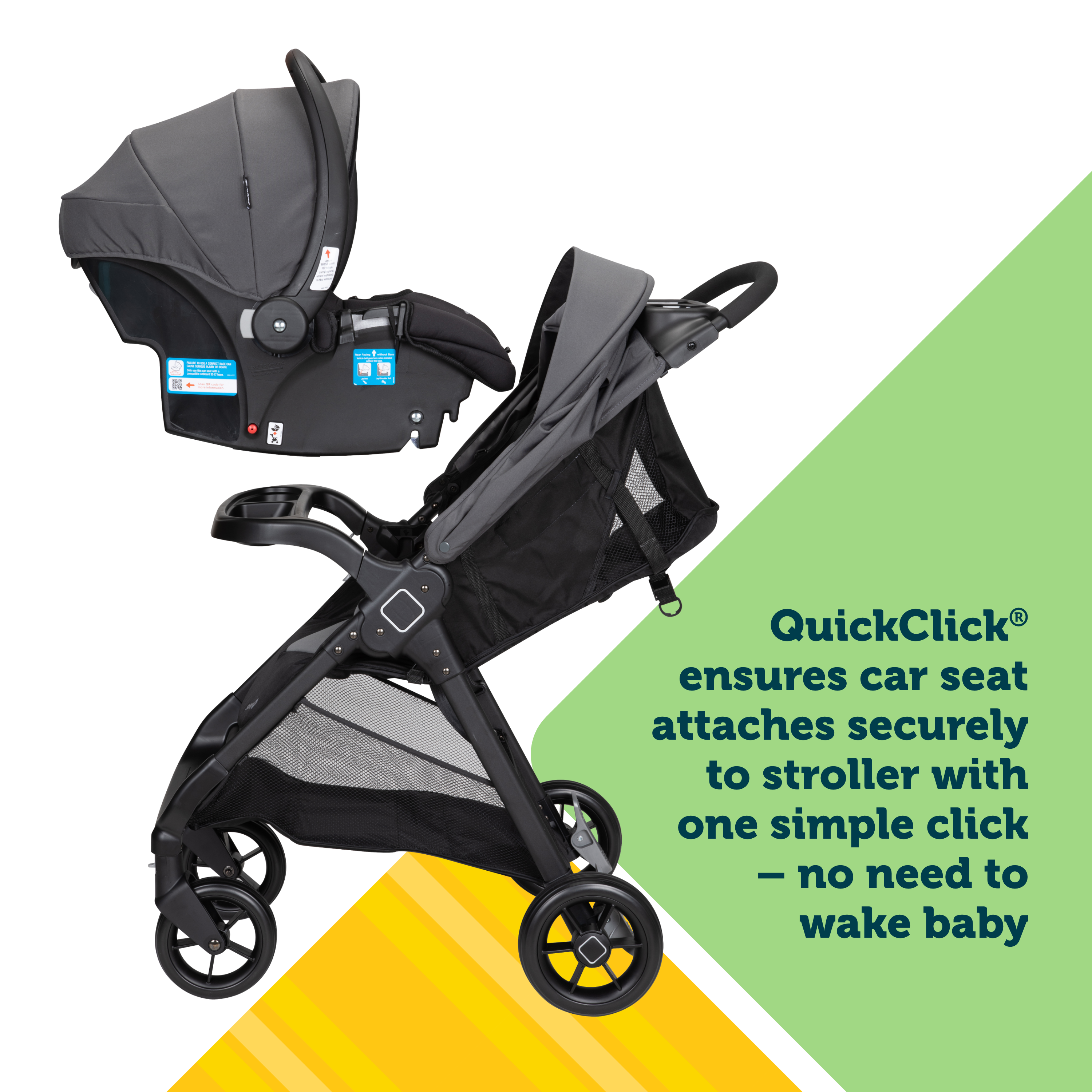Smooth Ride Travel System - QuickClick ensures car seat attaches securely to stroller with one simple click - no need to wake baby
