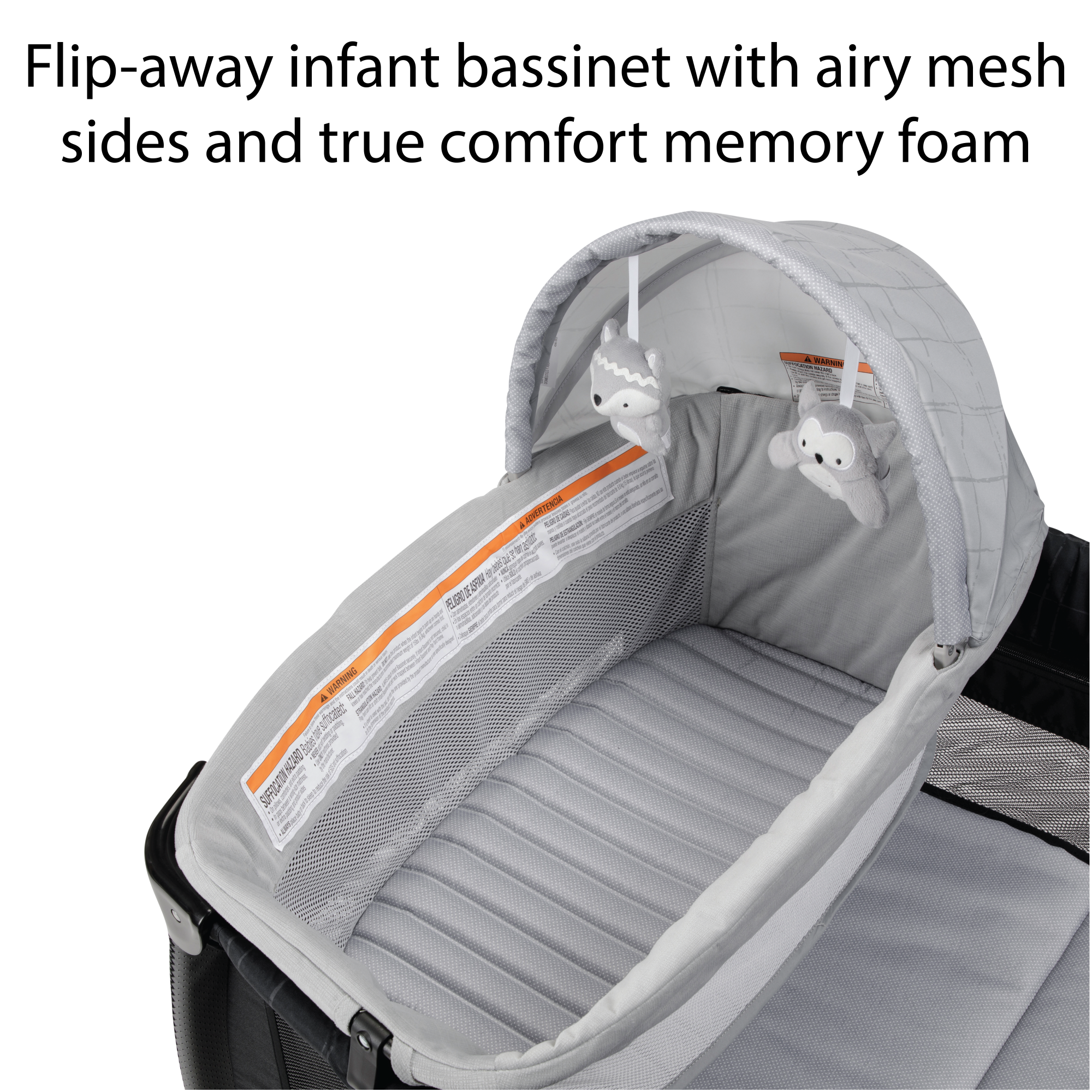 Play-and-Stay Play Yard - flip-away infant bassinet with airy mesh sides and true comfort memory foam
