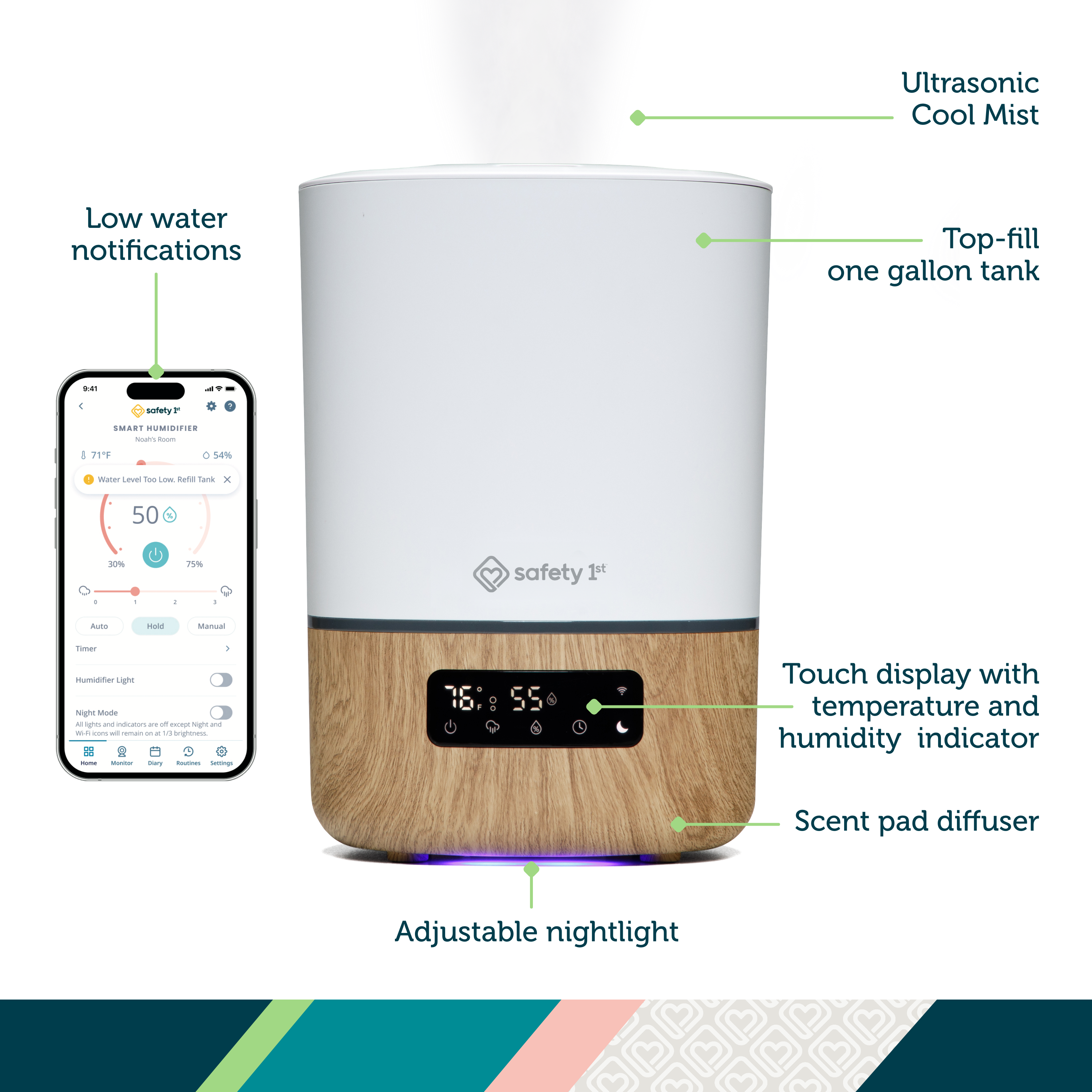 Smart Humidifier - ultrasonic cool mist, top-fill one gallon tank, low water notifications, touch display with temperature and humidity indicator, scent pad diffuser, adjustable nightlight