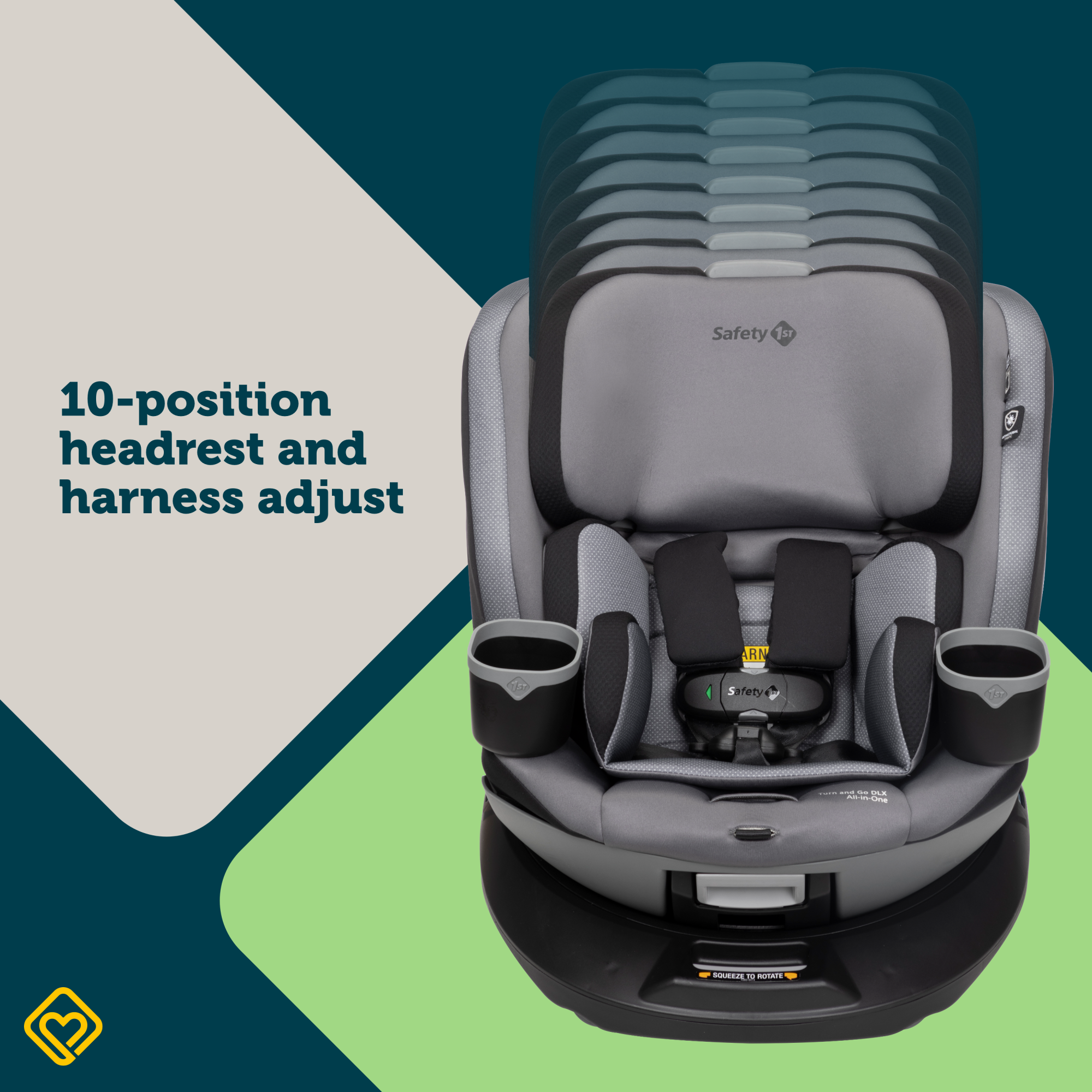 Turn and Go 360 DLX Rotating All-in-One Convertible Car Seat - 10-position headrest and harness adjustment
