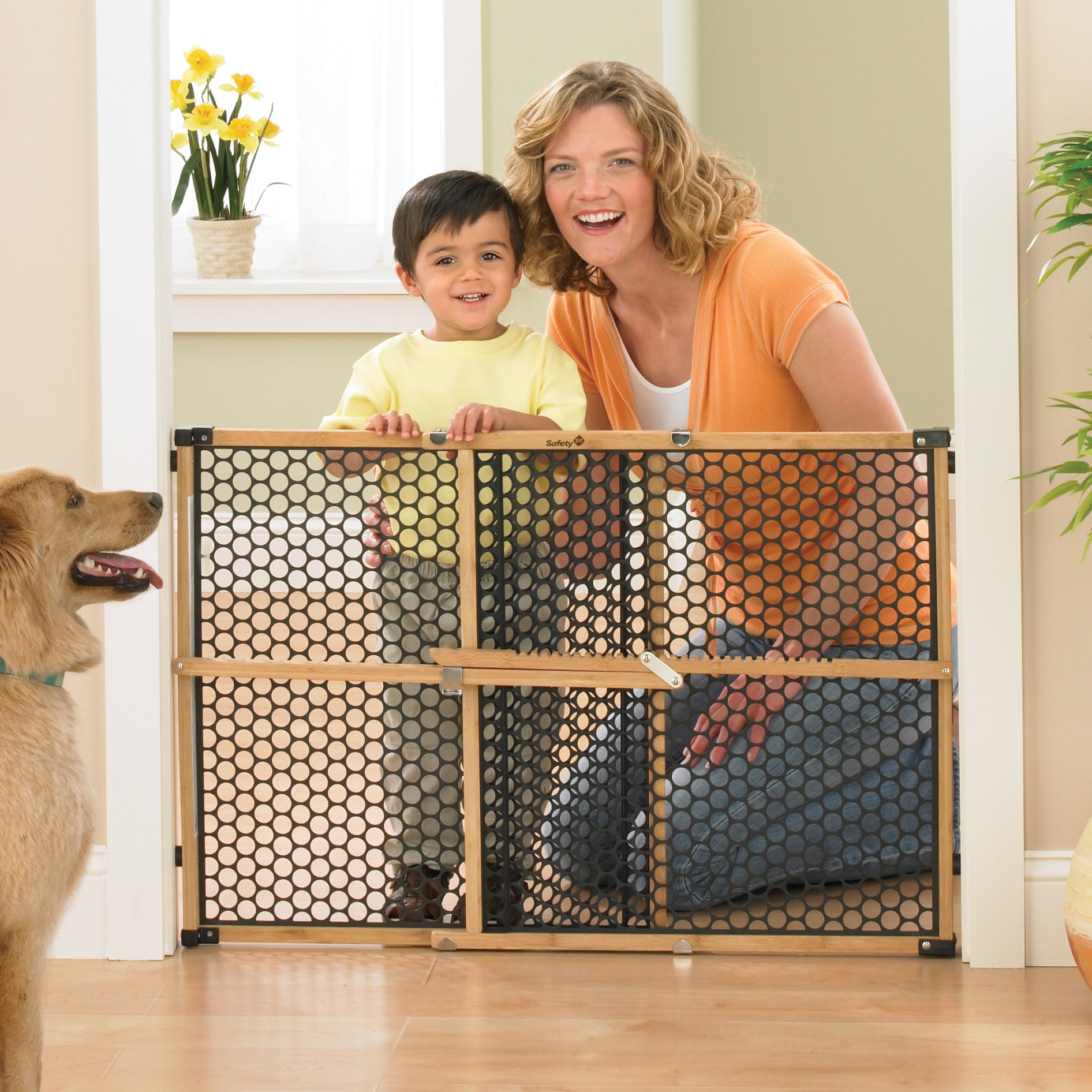 Toddler and mom behind a gate between them and the family dog