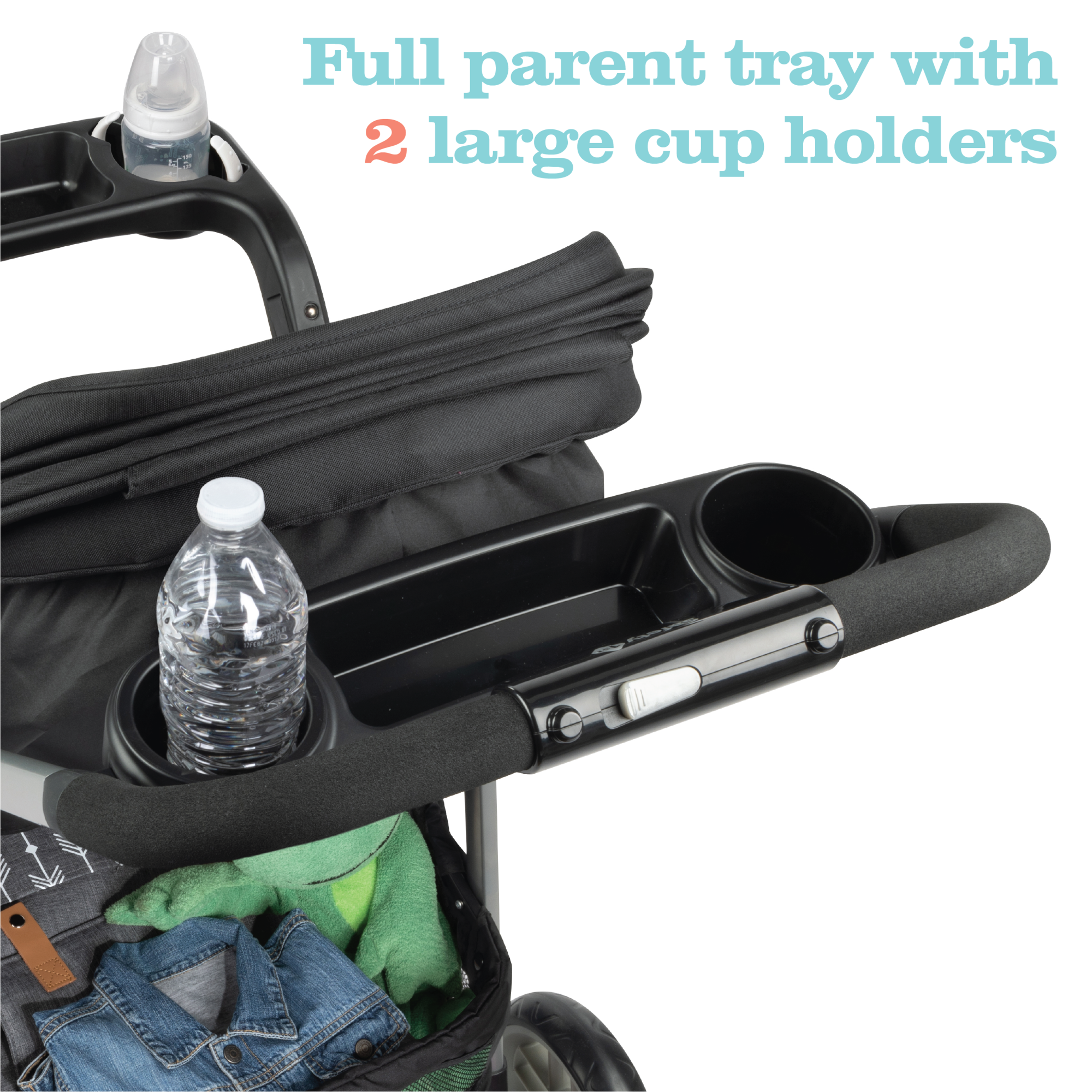Disney Baby Grow and Go™ Modular Travel System - full parent tray with 2 large cup holders