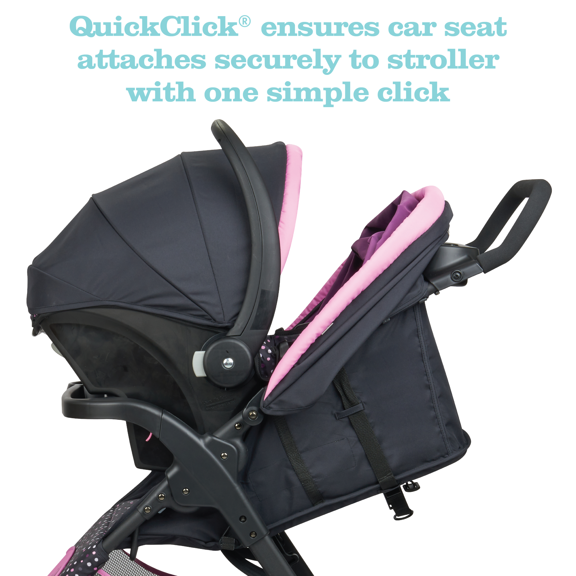 Disney Baby Disney Simple Fold™ LX Travel System - Minnie Dot Party - QuickClick ensures car seat attaches securely to stroller with one simple click