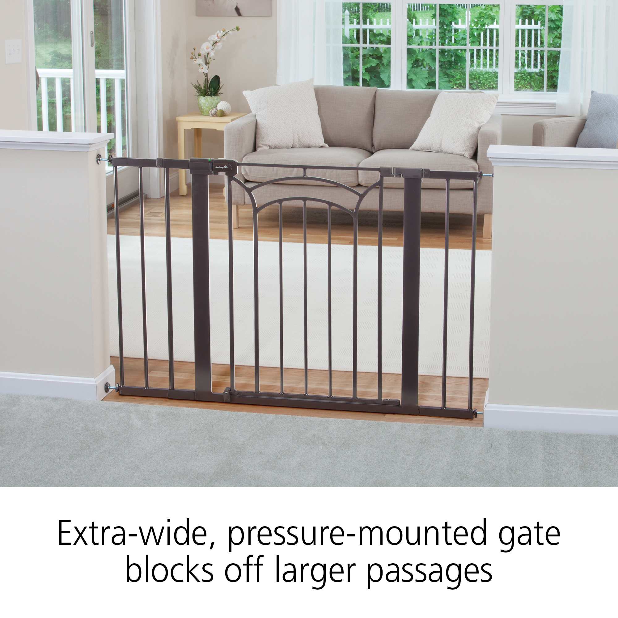 Extra-side, pressure-mounted gate blocks off larger passages