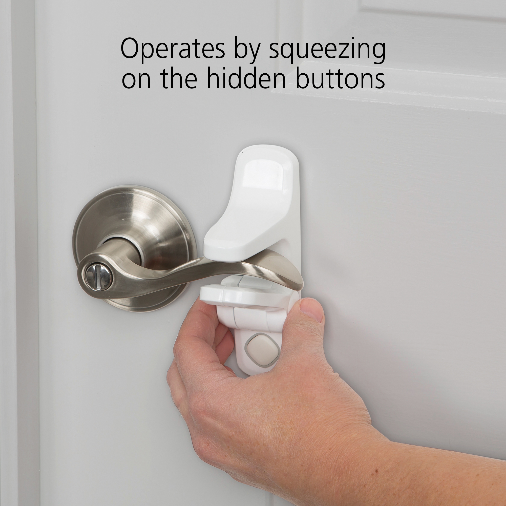 Operates by squeezing on the hidden buttons