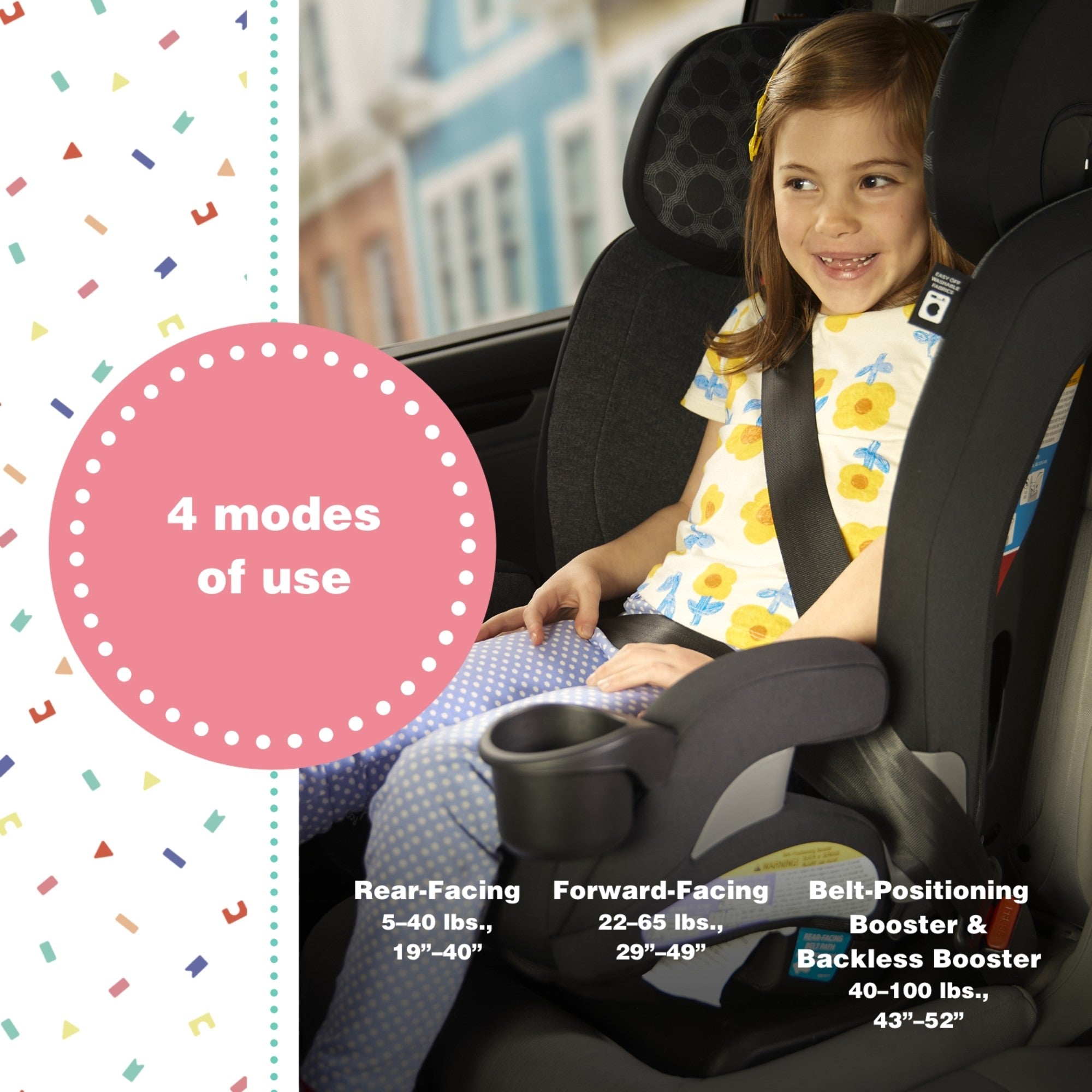 Disney Baby EverSlim All-in-One Convertible Car Seat - 4 modes of use: rear-facing 5-40 lbs., 19"-40"; forward-facing 22-65 lbs., 29"-49"; belt-positioning booster & backless booster 40-100 lbs., 43"-52"