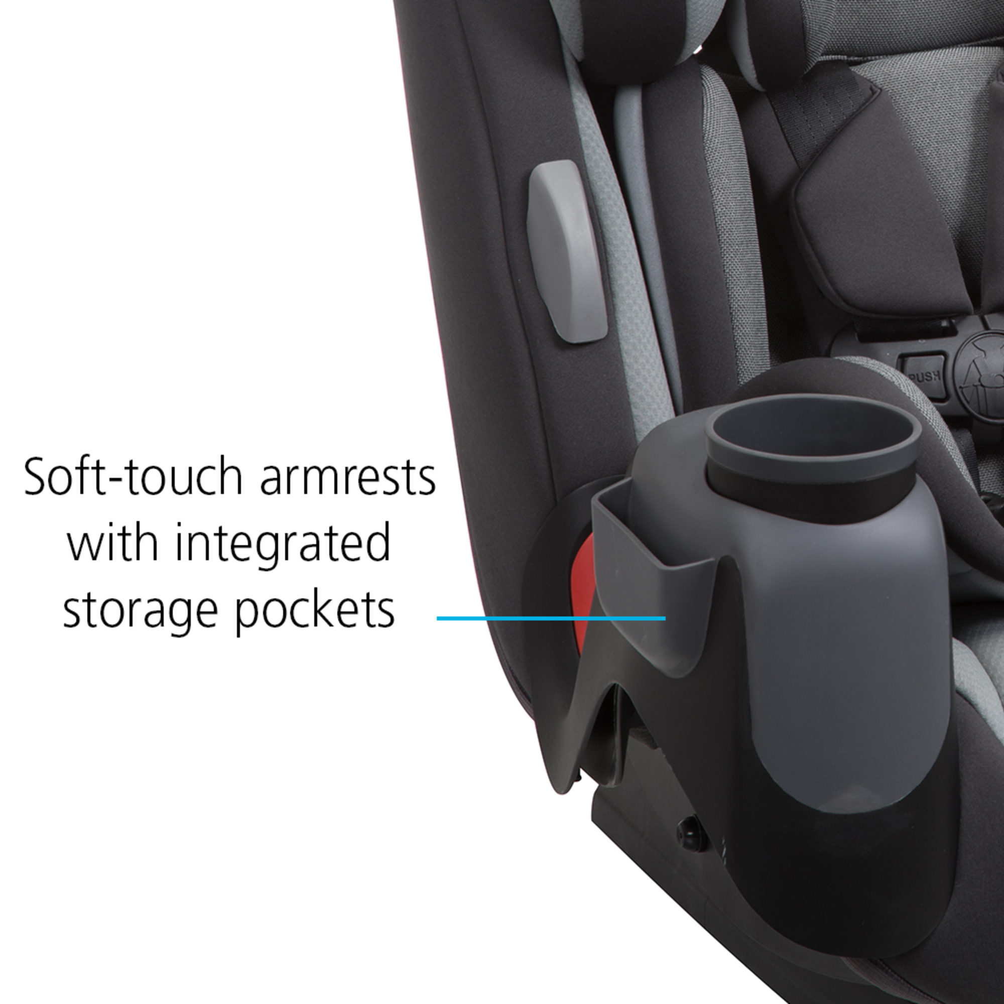 Soft-touch armrests on car seat with integrated storage pockets.