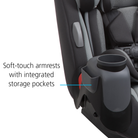 Soft-touch armrests on car seat with integrated storage pockets.