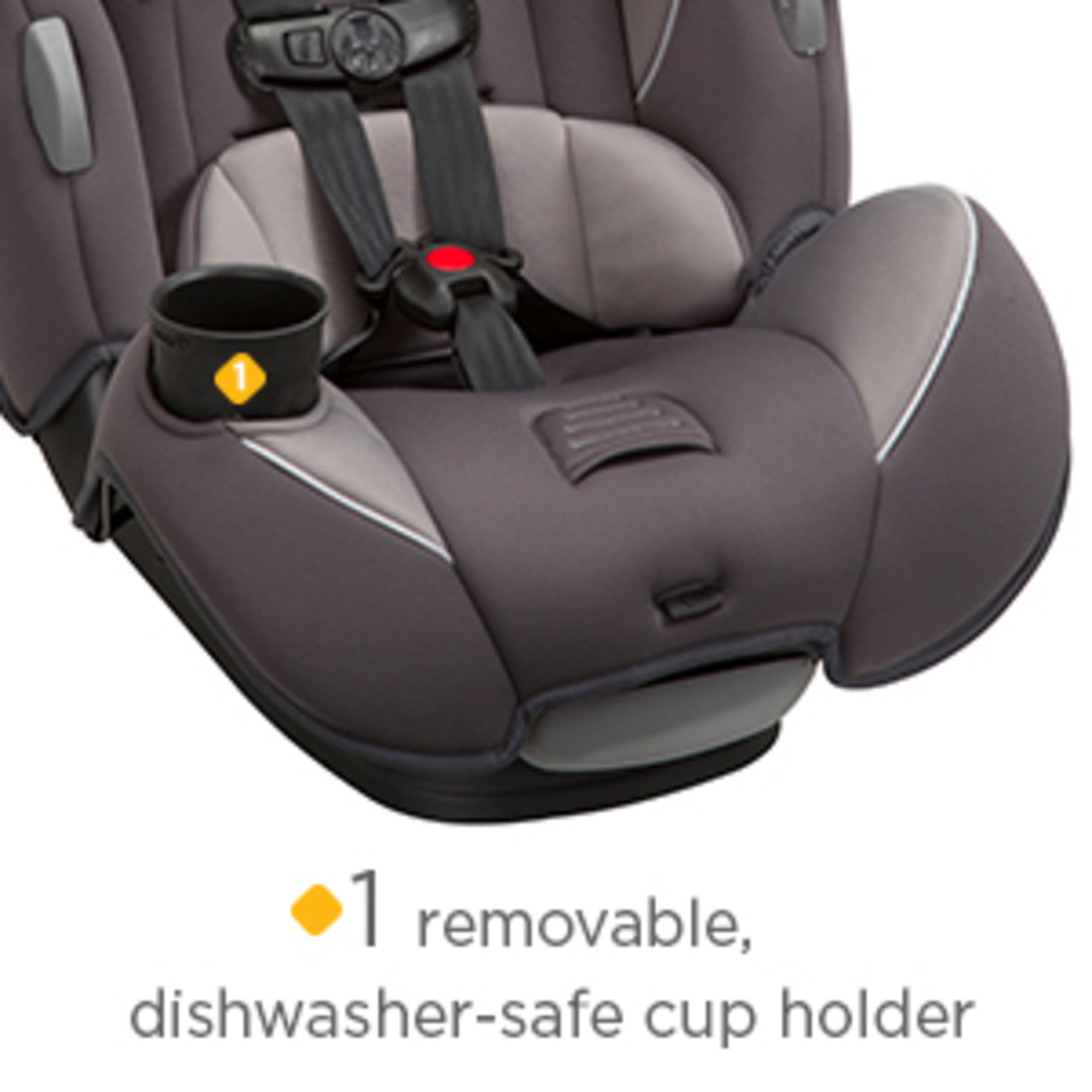 Car seat with 1 removable dishwasher safe cup holder.