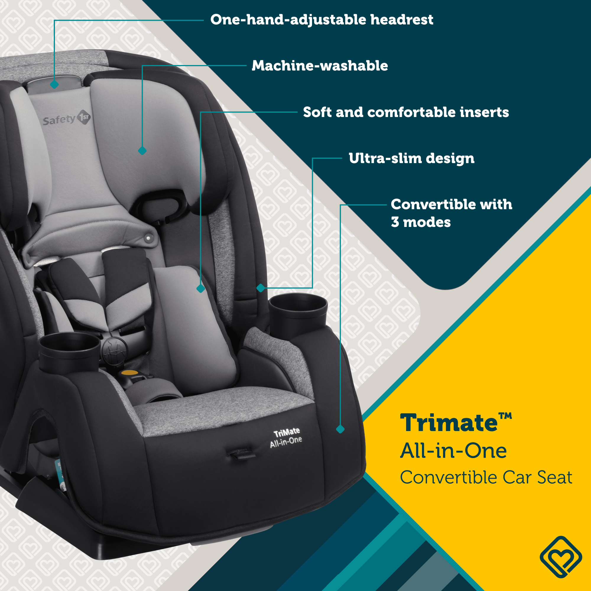 TriMate™ All-in-One Convertible Car Seat - one-hand-adjustable headrest, machine-washable, soft and comfortable inserts, ultra-slim design, convertible with 3 modes