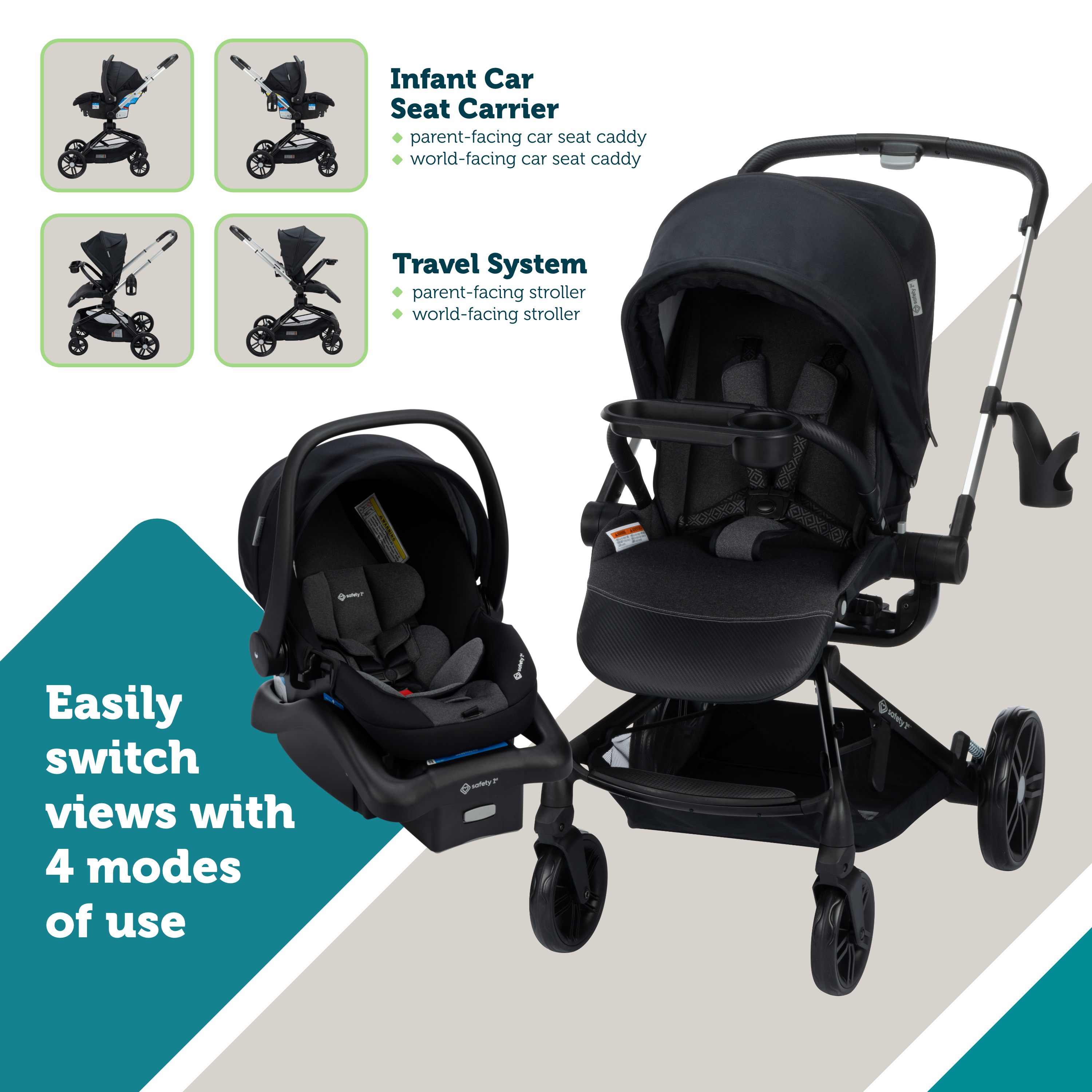 Turn and Go™ 360° Rotating Modular Travel System -  Easily switch views with 4 modes of use: Infant car seat carrier - parent-facing car seat caddy and world-facing car seat caddy; Travel System - parent-facing stroller and world-facing stroller