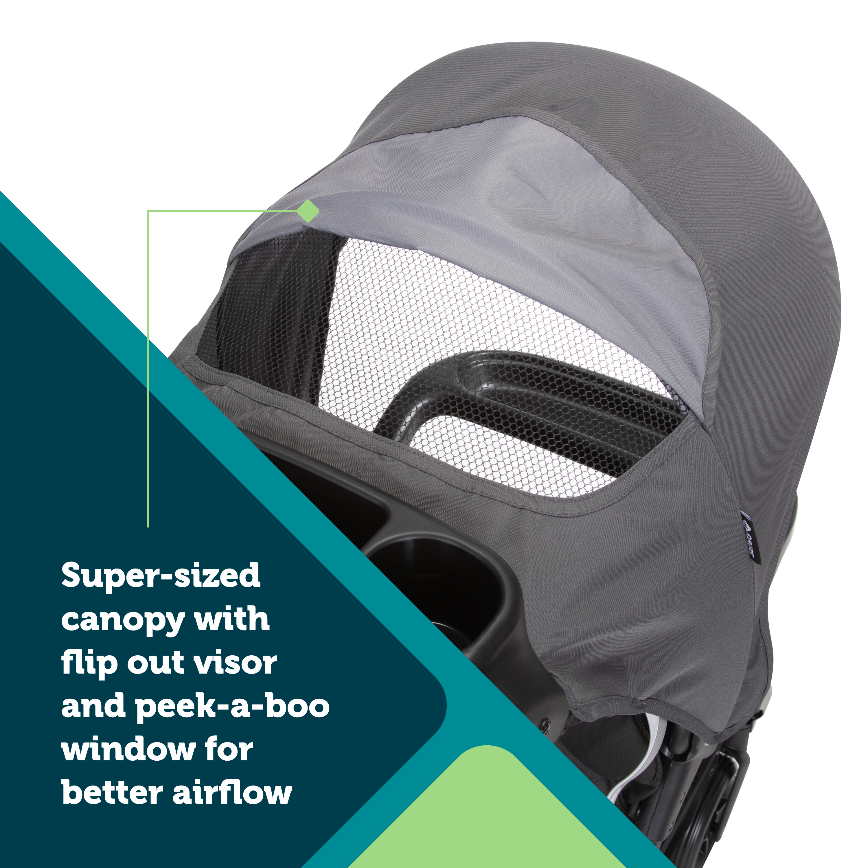 Smooth Ride Travel System - super-sized canopy with flip out visor and peek-a-boo window for better airflow