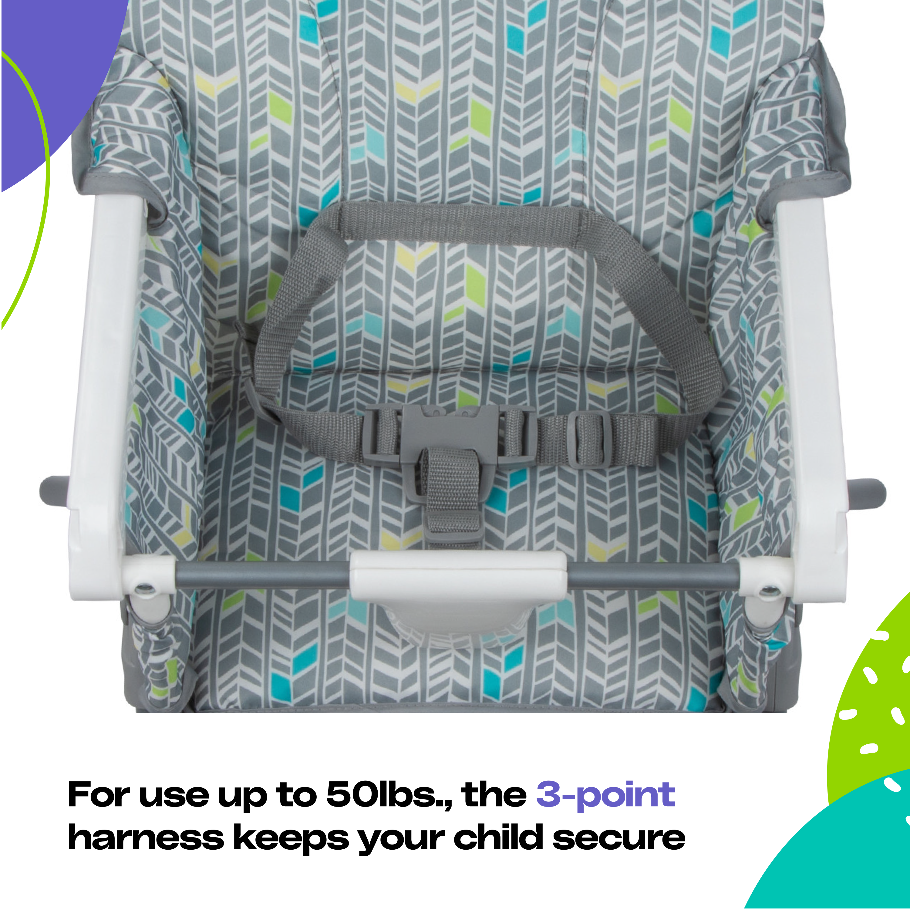 Simple Fold™ Full Size High Chair with Adjustable Tray - for use up to 50 lbs., the 3-point harness keps your child secure