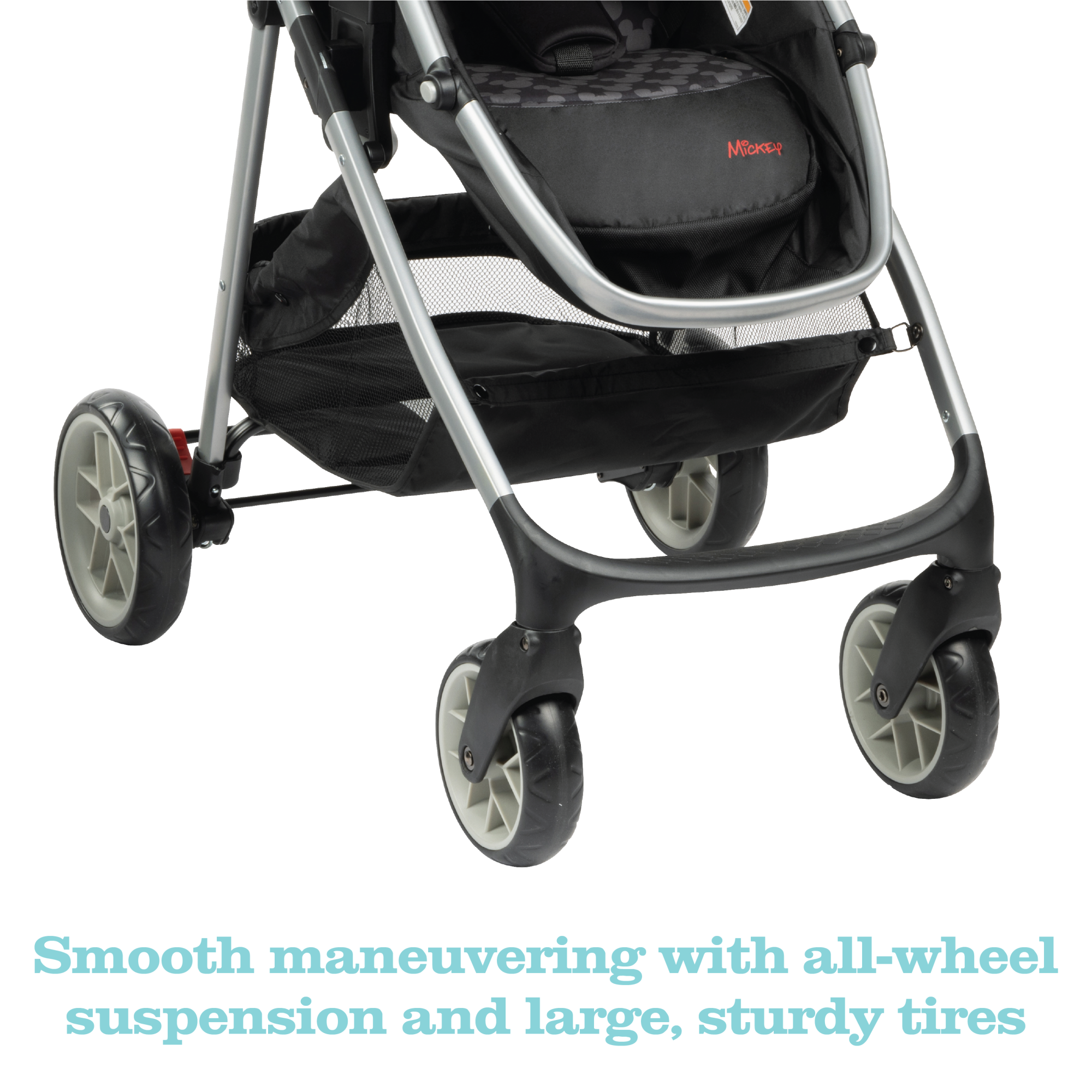 Disney Baby Grow and Go™ Modular Travel System - smooth maneuvering with all-wheel suspension and large, sturdy tires
