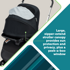 Turn and Go™ 360° Rotating Modular Travel System - large, zipper-extend stroller canopy provides sun protection and privacy, plus a peek-a-boo window